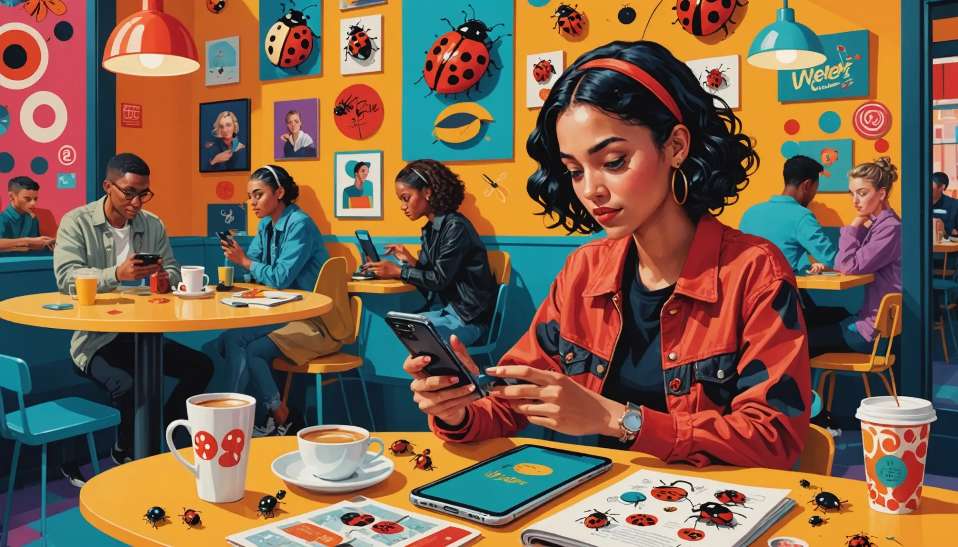 Editorial illustration of a person surrounded by stylized ladybugs, representing 'ladybugs urban dictionary'