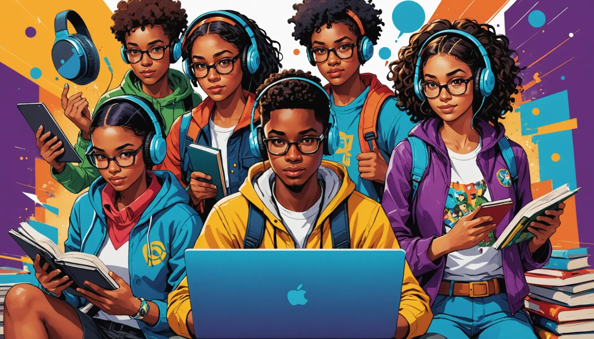 Editorial illustration showing a diverse group labeled as nerd meaning slang with colorful, celebratory vibes