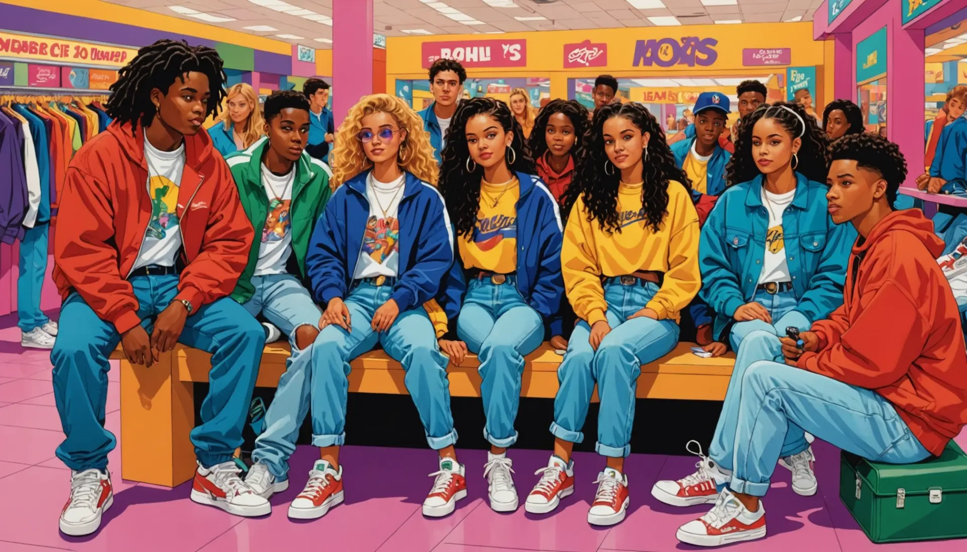 Editorial illustration of teens using awesome 90s slang at a mall scene, showing 'awesome 90s slang' vibe