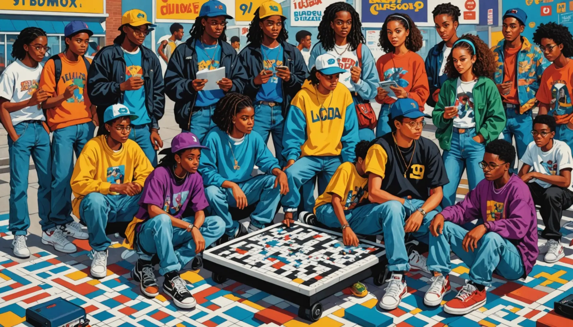 Illustration of people using 'awesome in 1990s slang crossword' terms like rad and dope in a colorful 90s scene