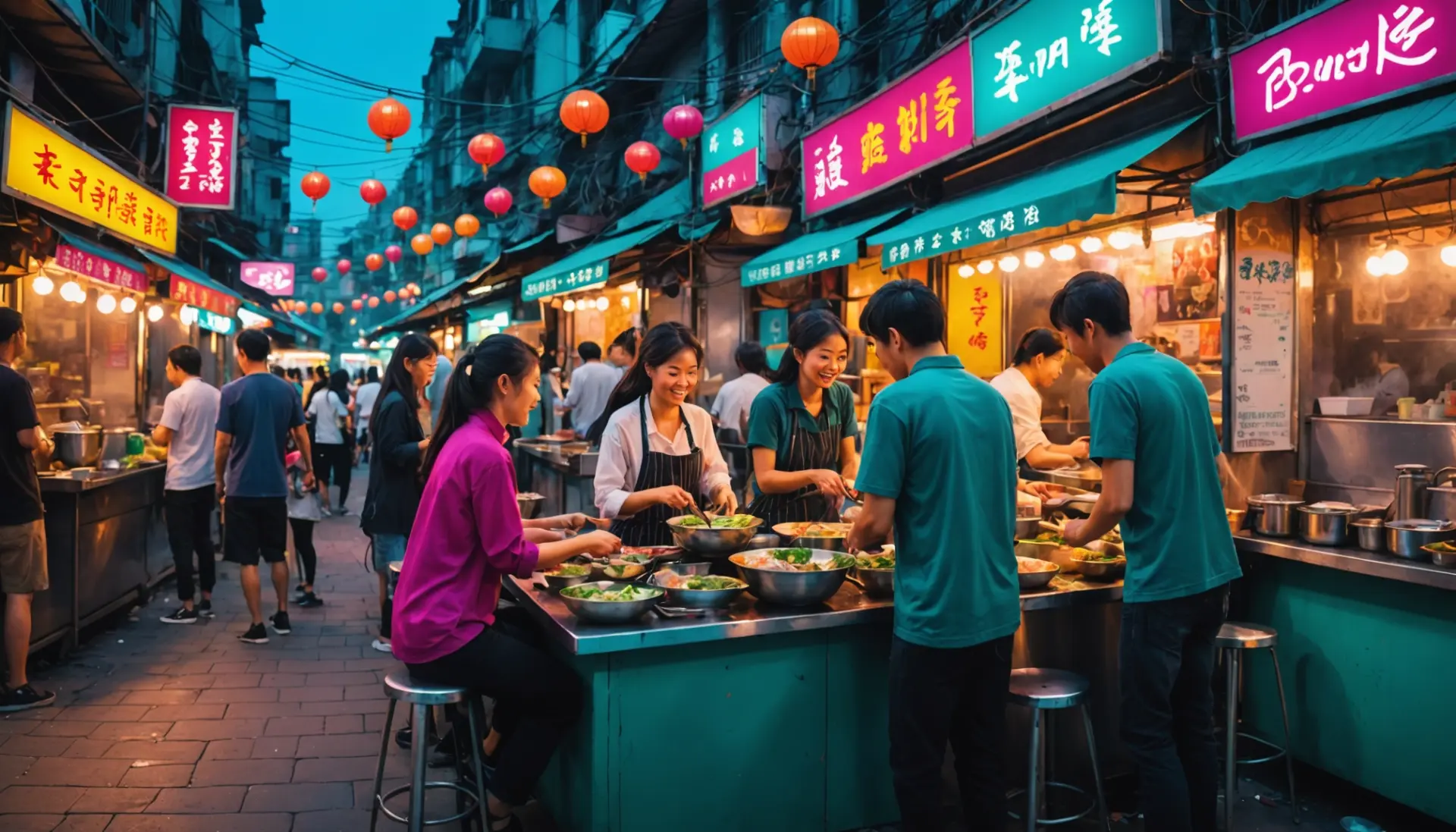 Editorial illustration showing people enjoying pho, caption-style scene with the phrase what does pho mean implied