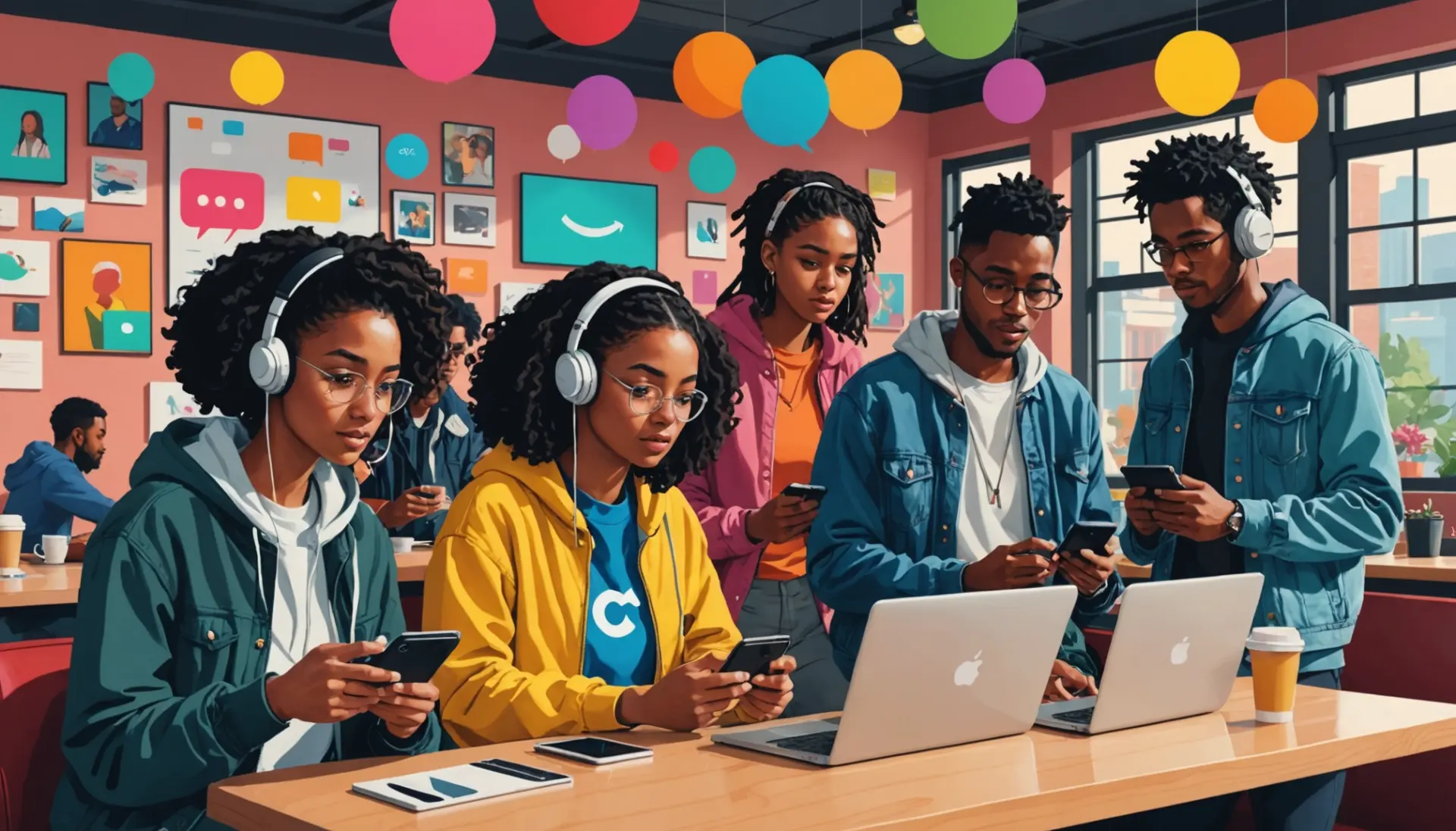 Editorial illustration of people texting and searching b2b urban dictionary on phones and laptops