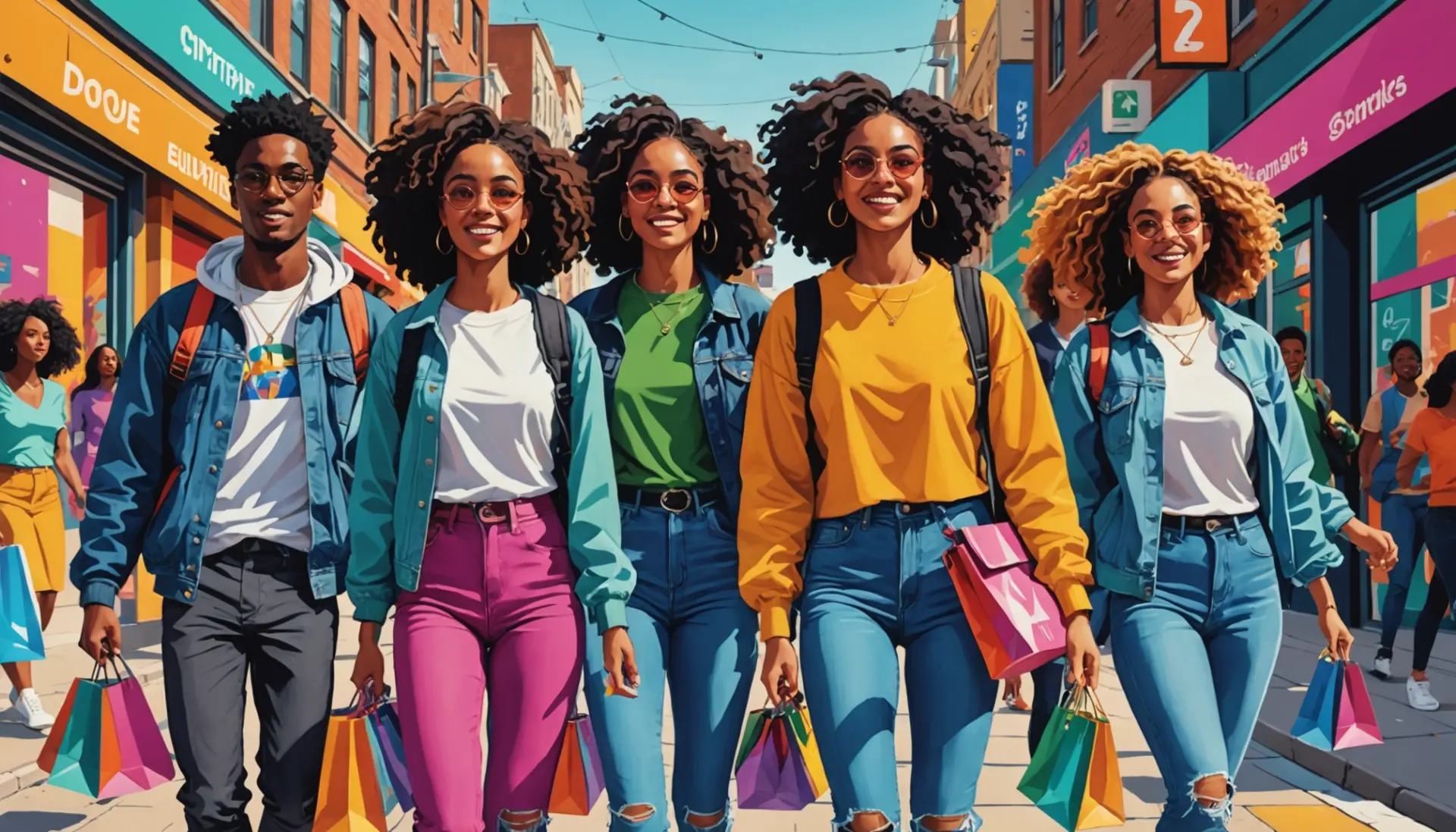 Vibrant scene showing friends on a shopping spree meaning slang vibe, colorful editorial illustration