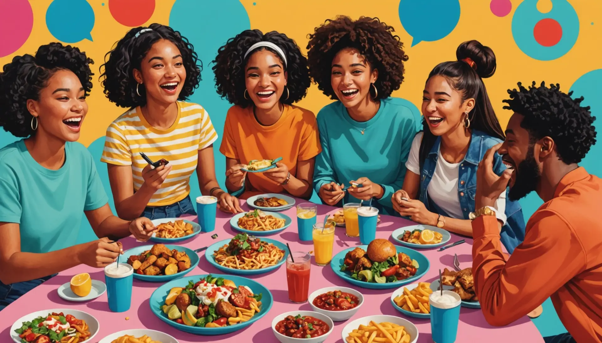 Editorial illustration showing young people enjoying food and reacting, caption exploring what does bussin mean