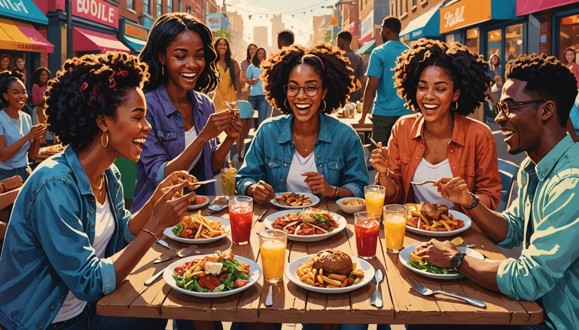 Editorial illustration showing people enjoying food with the caption bussin definition slang in a thought bubble