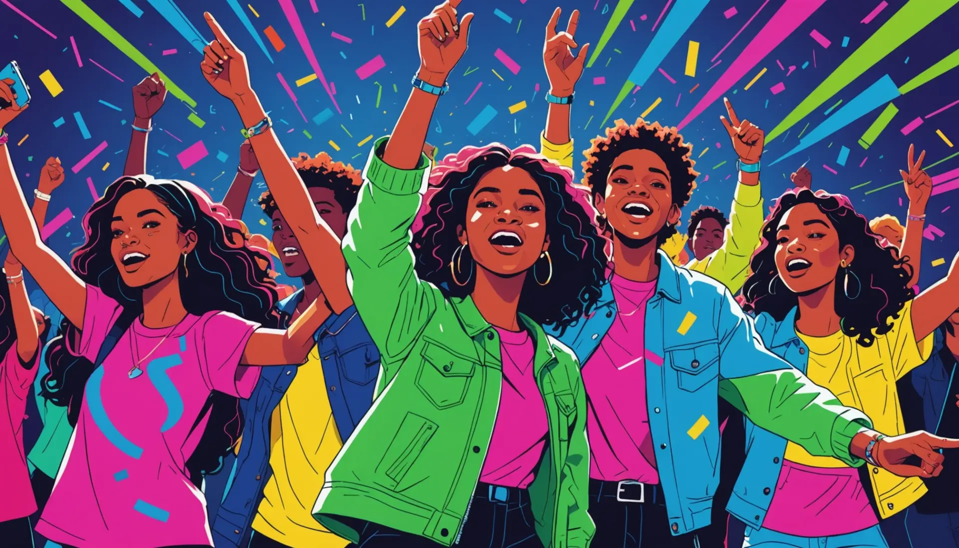 Editorial illustration showing people at a concert with the phrase what does banger mean in slang vibe