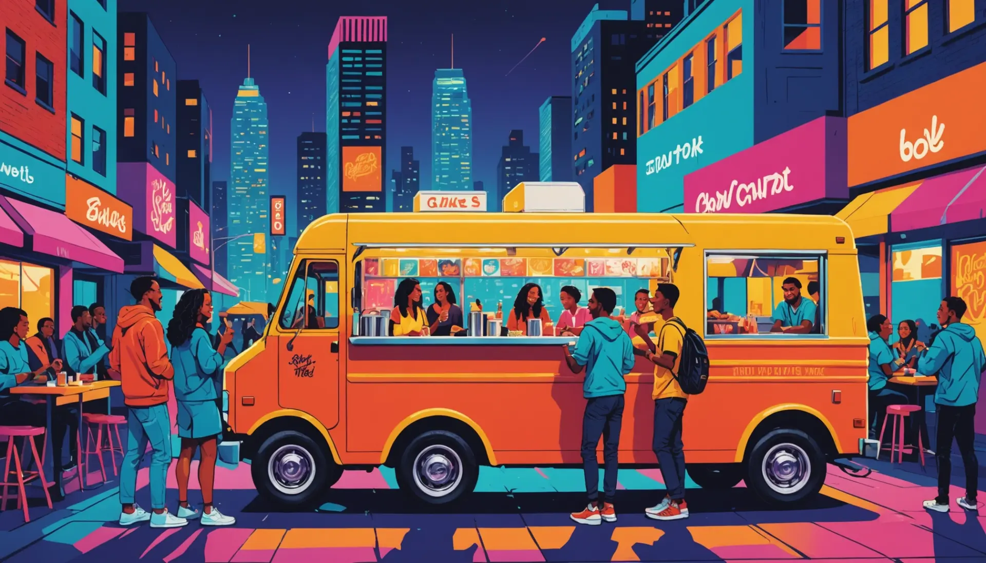 Editorial illustration of young people enjoying food with the phrase bussin meaning urban dictionary vibes