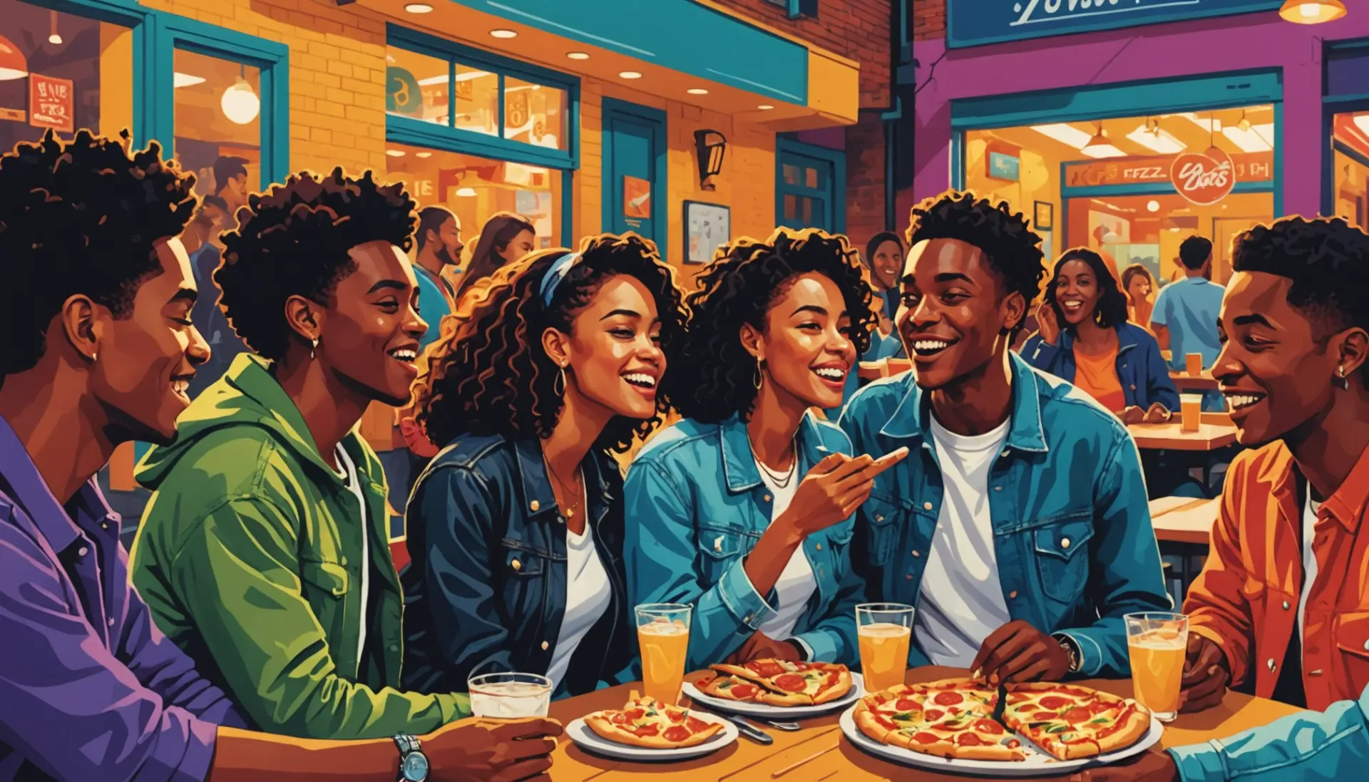 Editorial illustration showing young people using buss slang while texting and sharing food, highlighting buss slang