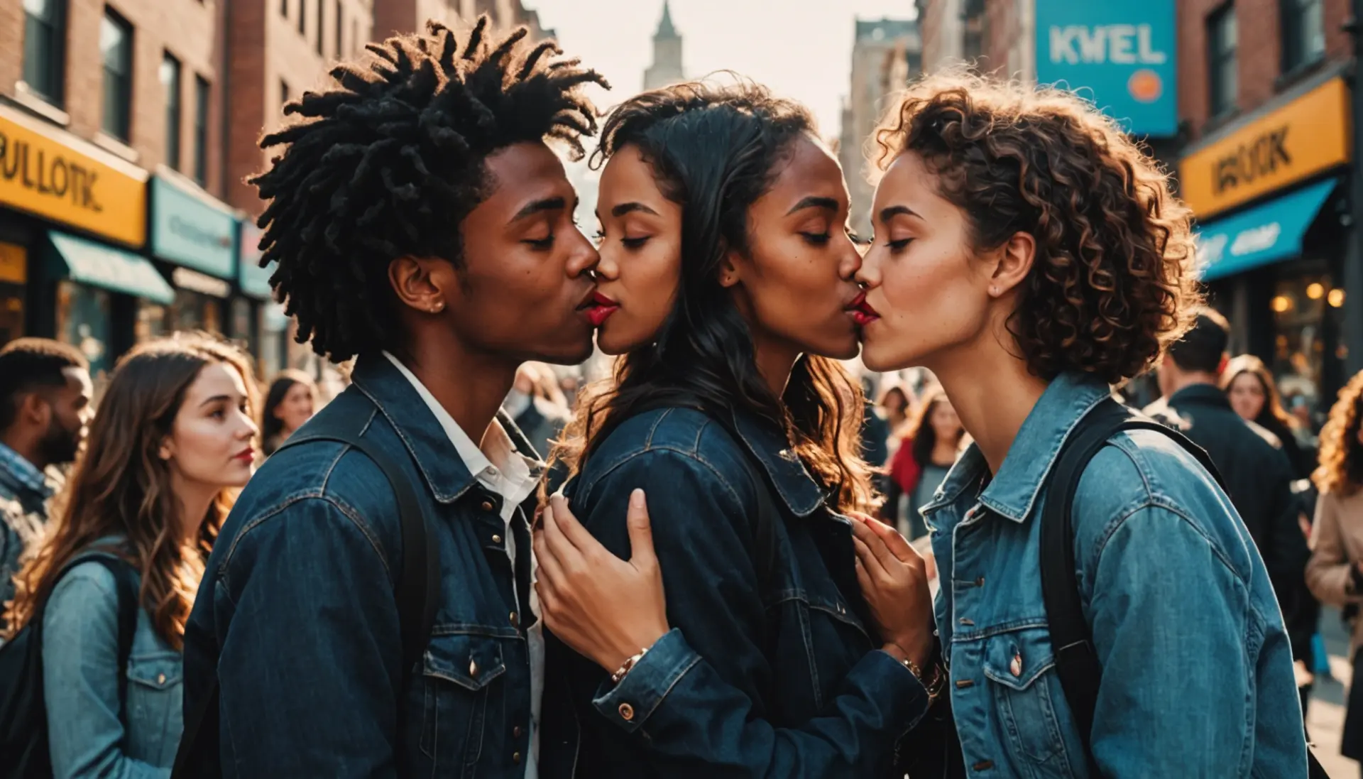 Editorial illustration of diverse people sharing a smooch, showing slang words for kiss energy
