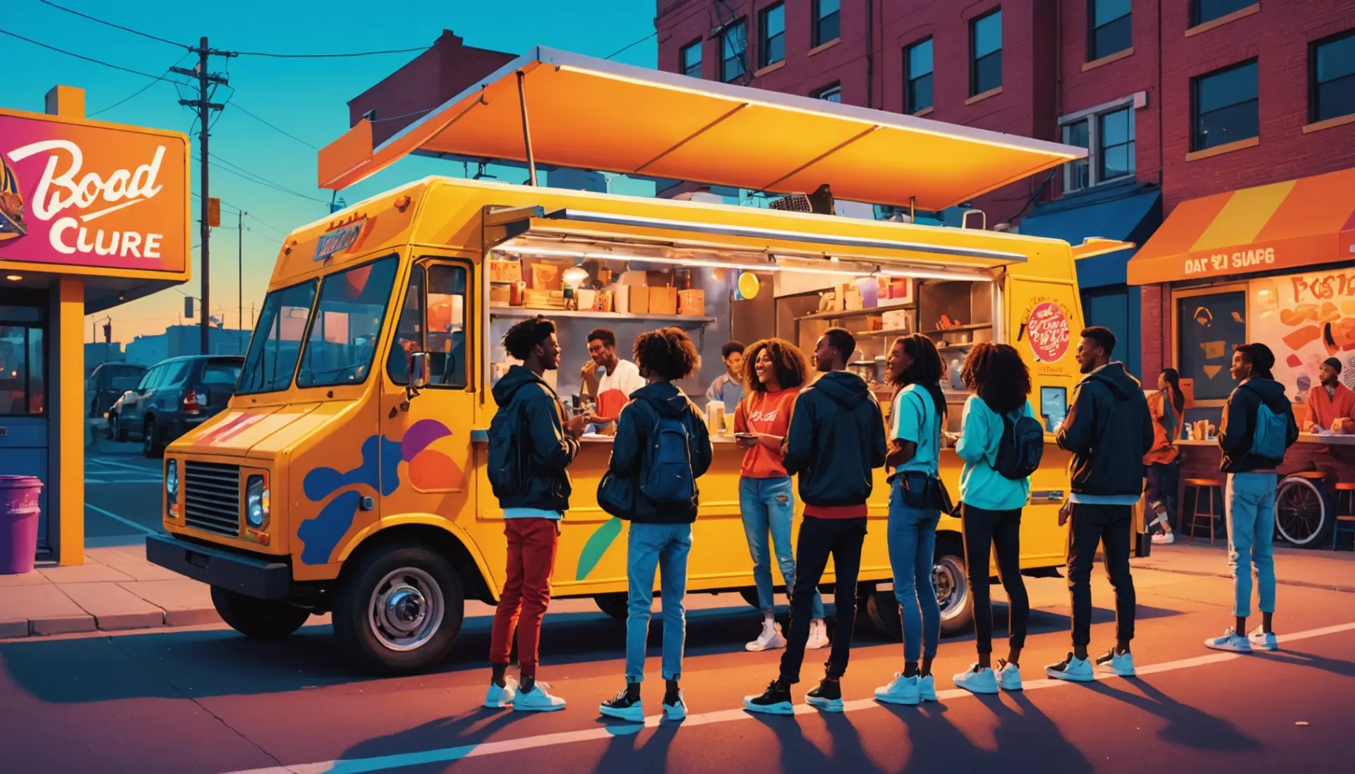 Editorial illustration showing 'urban dictionary bussin' vibe with people enjoying food and a colorful street-culture background