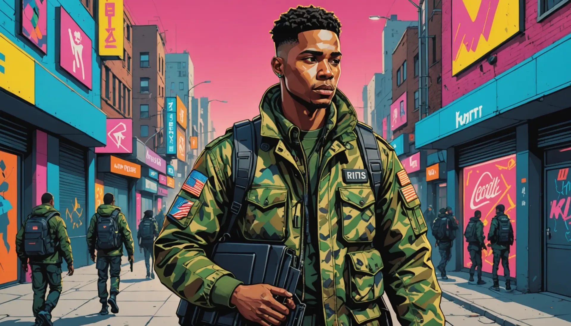 Editorial illustration of a metaphorical hired soldier in slang, showing a person in modern streetwear holding a briefcase and a shield