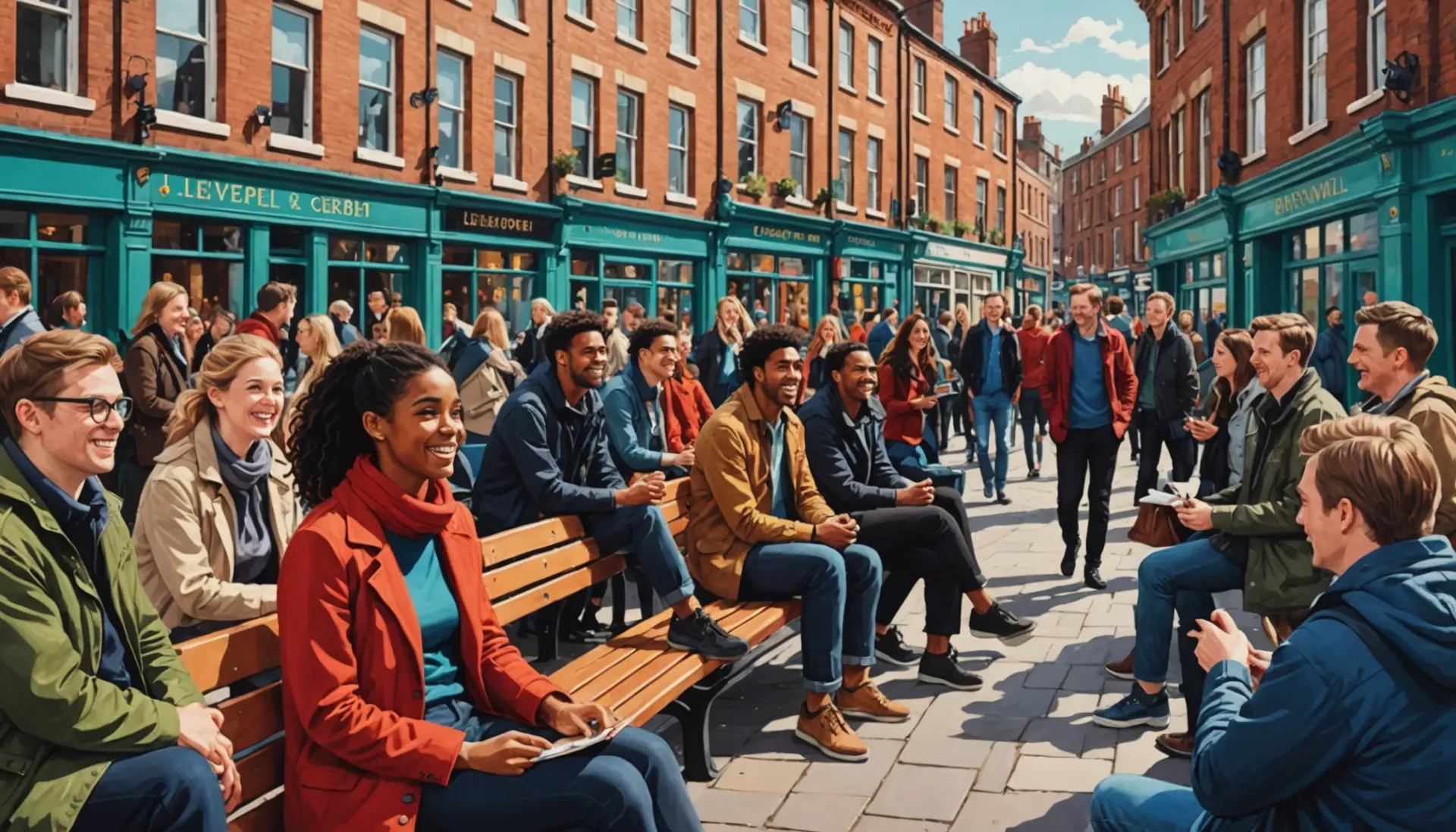 Editorial illustration of Liverpool street scene showing people chatting, caption concept: what is a scouser slang