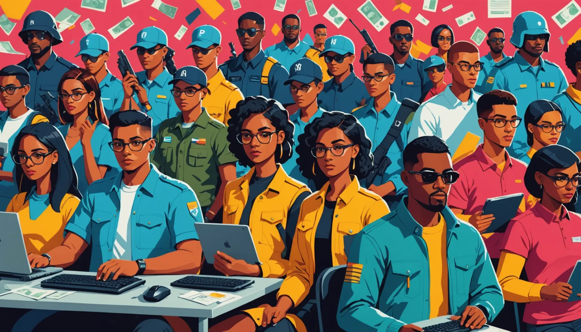 Editorial illustration showing the phrase hired soldier in slang nyt concept with online avatars and money symbols
