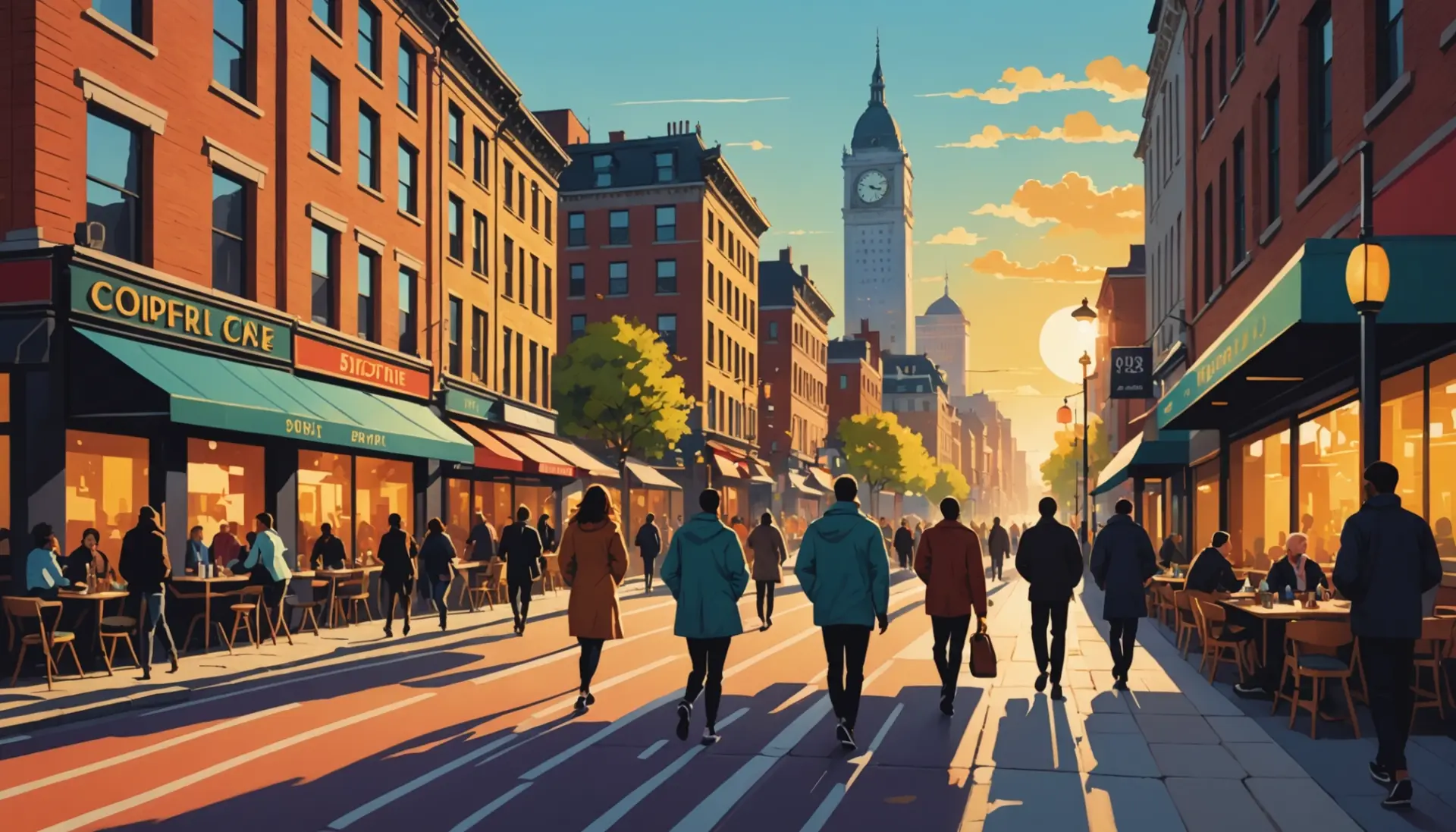 Illustration showing people outdoors at dusk with clocks, caption-style scene about what does permanent daylight savings time mean