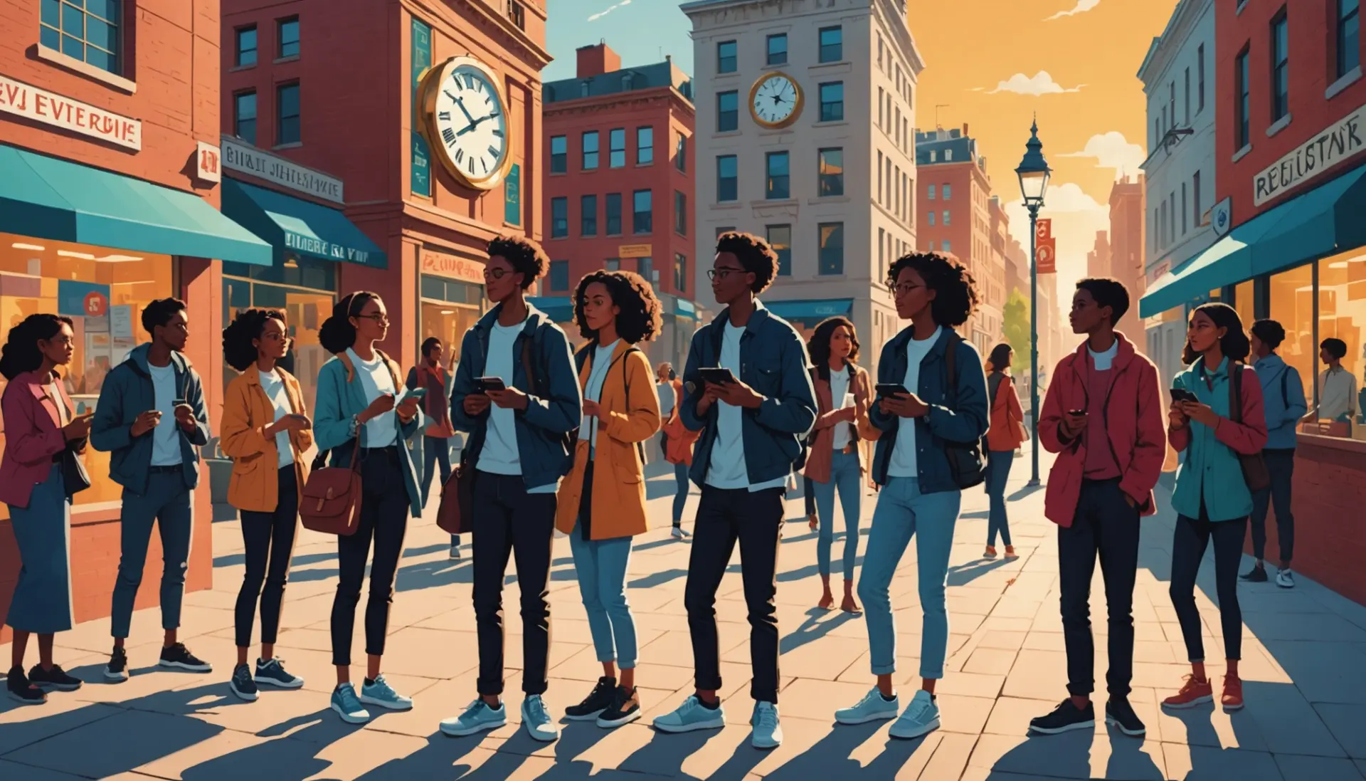 Editorial image showing people debating what does permanent daylight savings mean with clocks and sunlight motifs