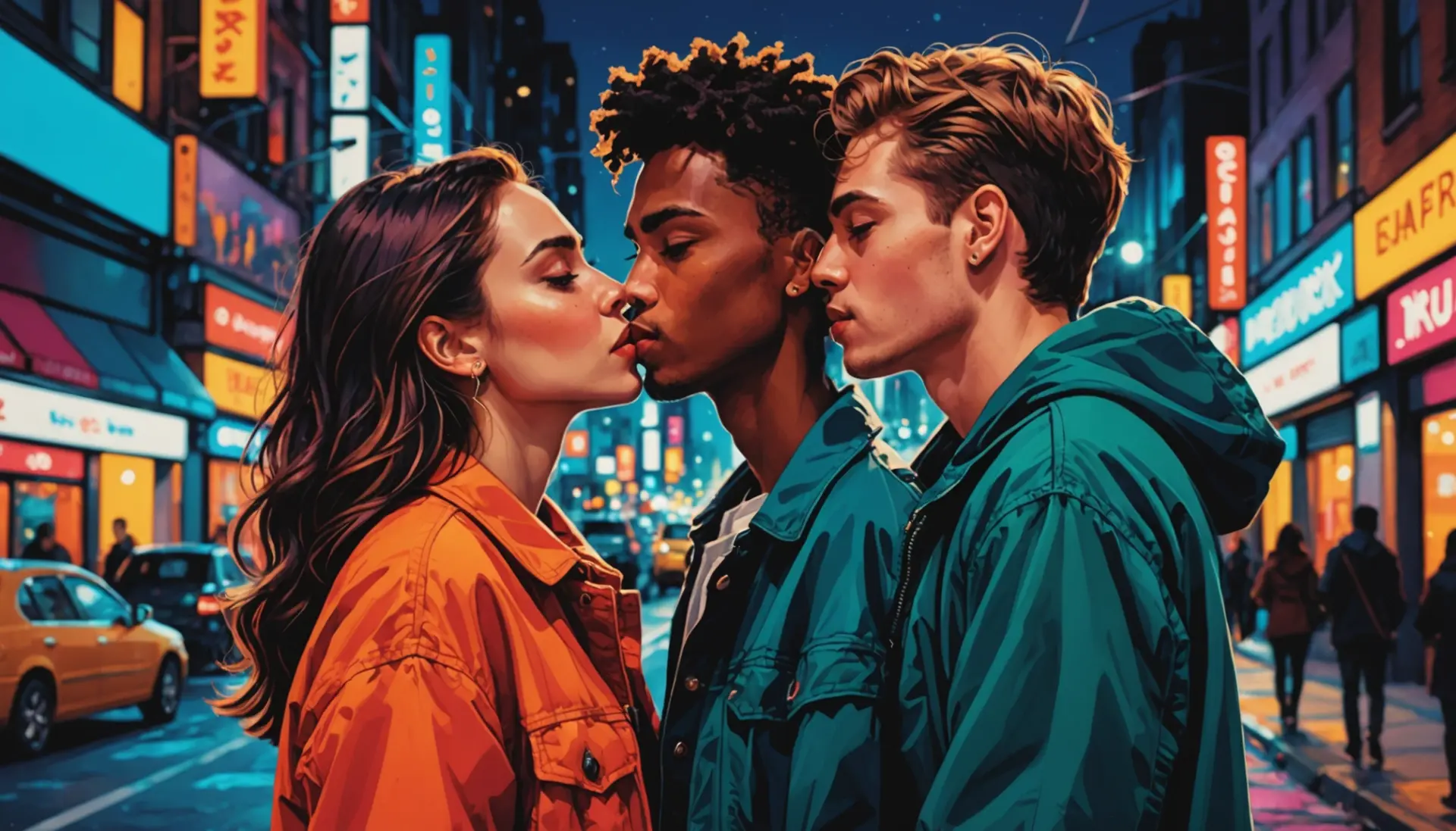 Editorial illustration showing two people sharing a platonic white kiss, with the phrase what is a white kiss urban dictionary visually suggested in scene