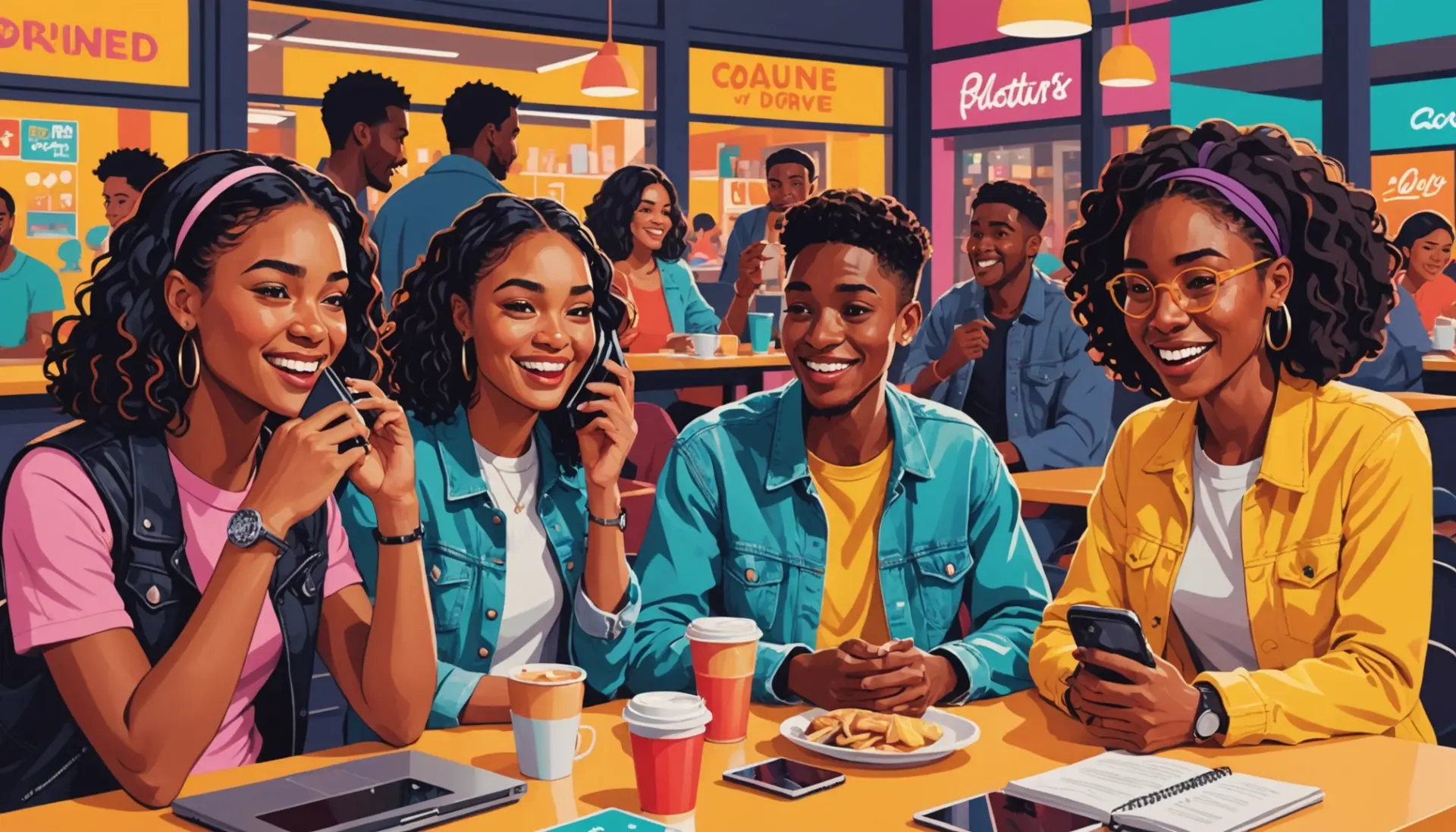 Editorial illustration of people reading Urban Dictionary on phones with the phrase stealth urban dictionary implied
