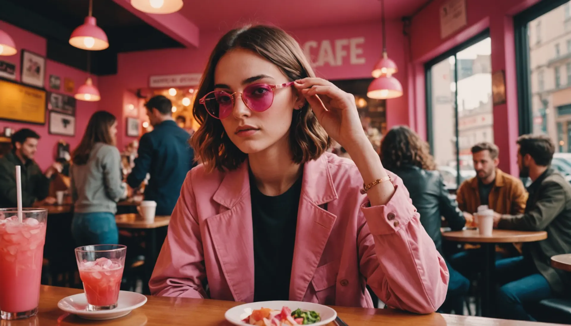 Editorial illustration showing someone putting on rose colored glasses, representing what does rose colored glasses mean