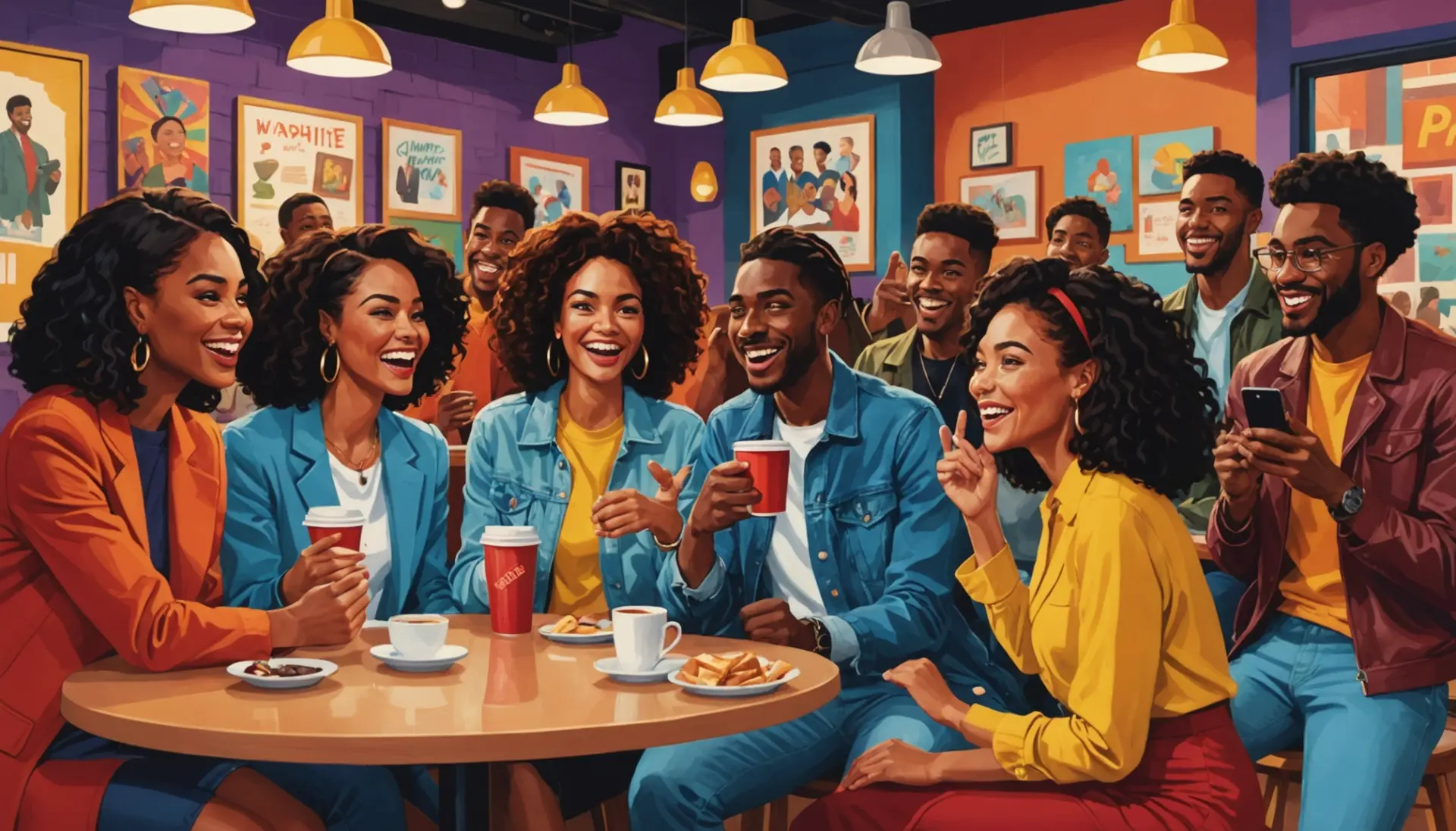 Editorial illustration showing people using the phrase pshaw meaning slang in a playful, theatrical urban scene