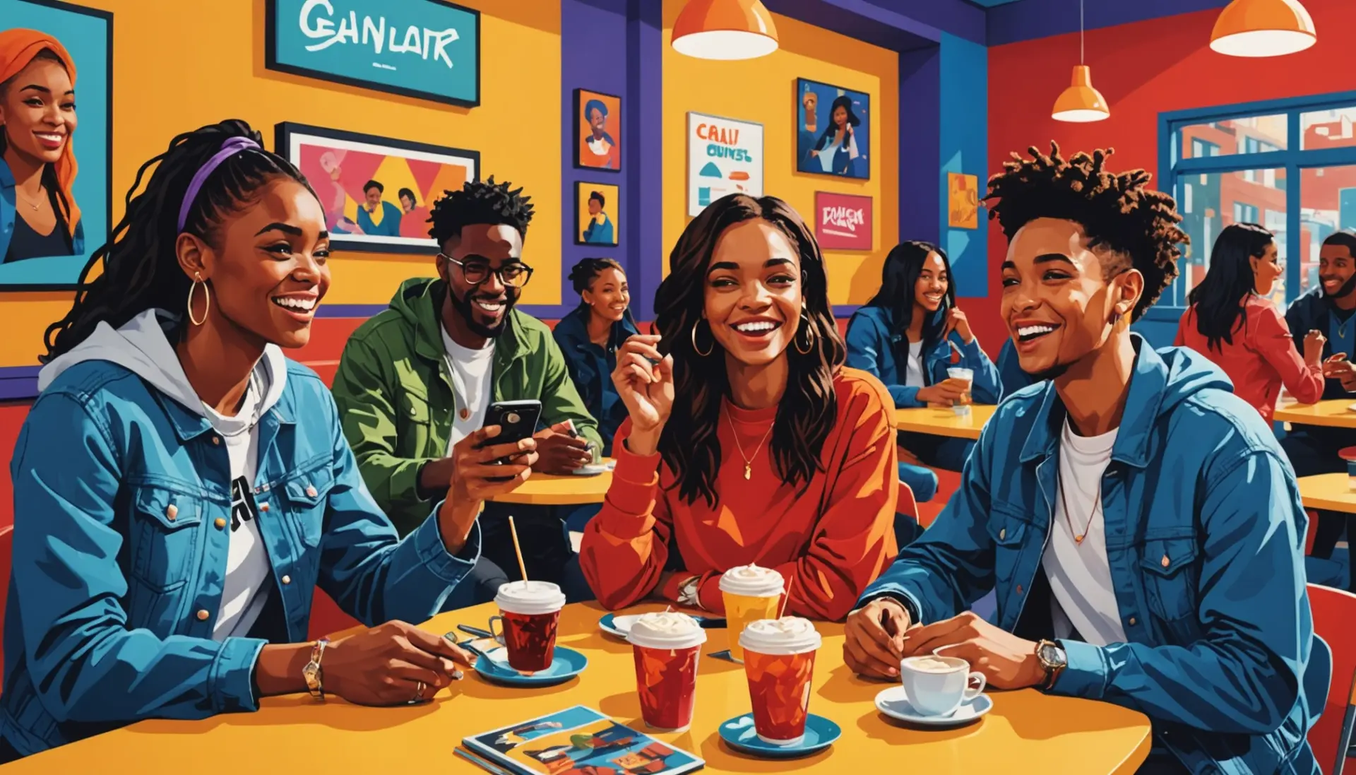 Editorial illustration showing young people using 'geeg meaning slang' in conversation