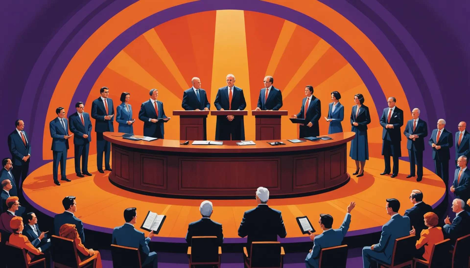 Editorial illustration showing a stylized tribunal scene, focusing on the phrase what does tribunal mean