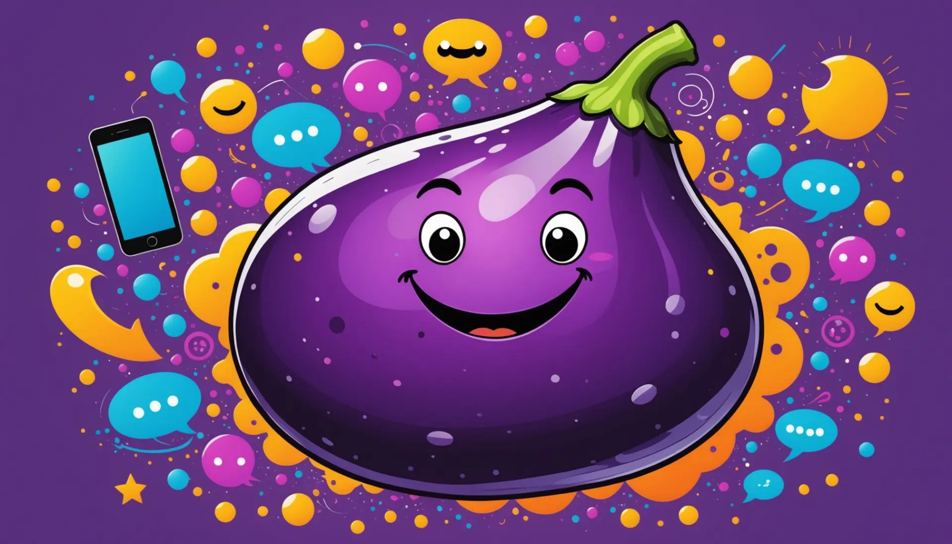 Editorial illustration of a purple eggplant surrounded by chat bubbles and emojis, representing eggplant emoji meaning urban dictionary