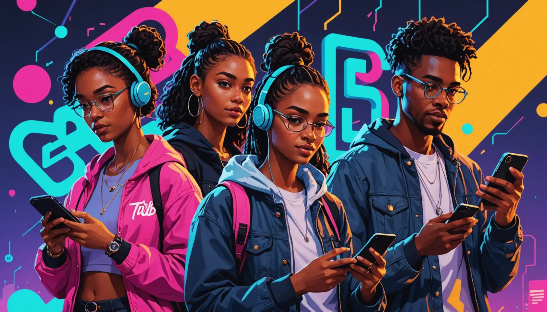 Editorial illustration showing young people using phones with the phrase trib urban dictionary floating like a search term