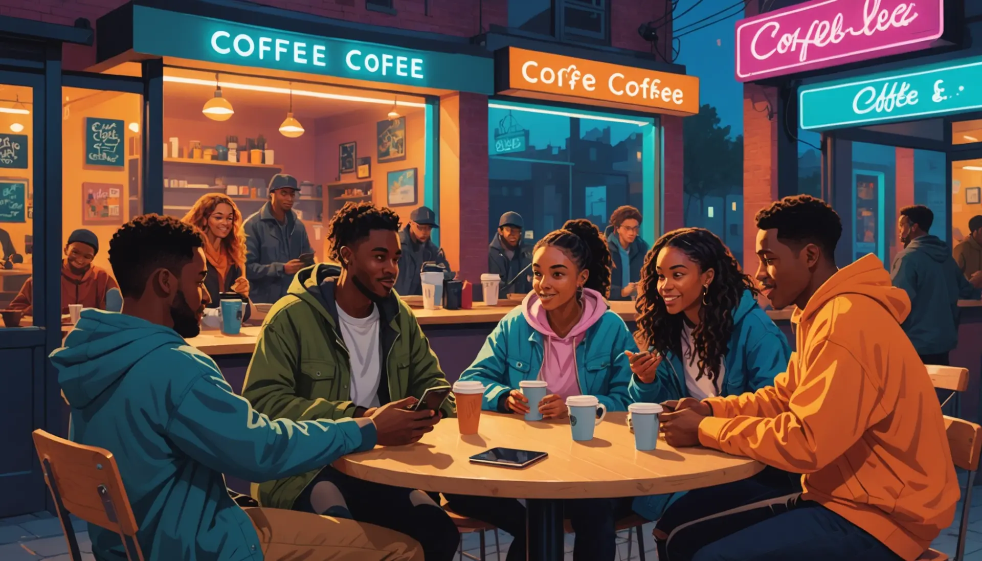 Editorial illustration showing people discussing smoking spice urban dictionary in a city setting