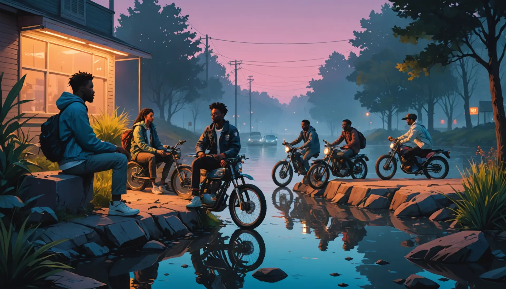 Editorial illustration showing young people near a foggy creek, caption concept for creek meaning slang