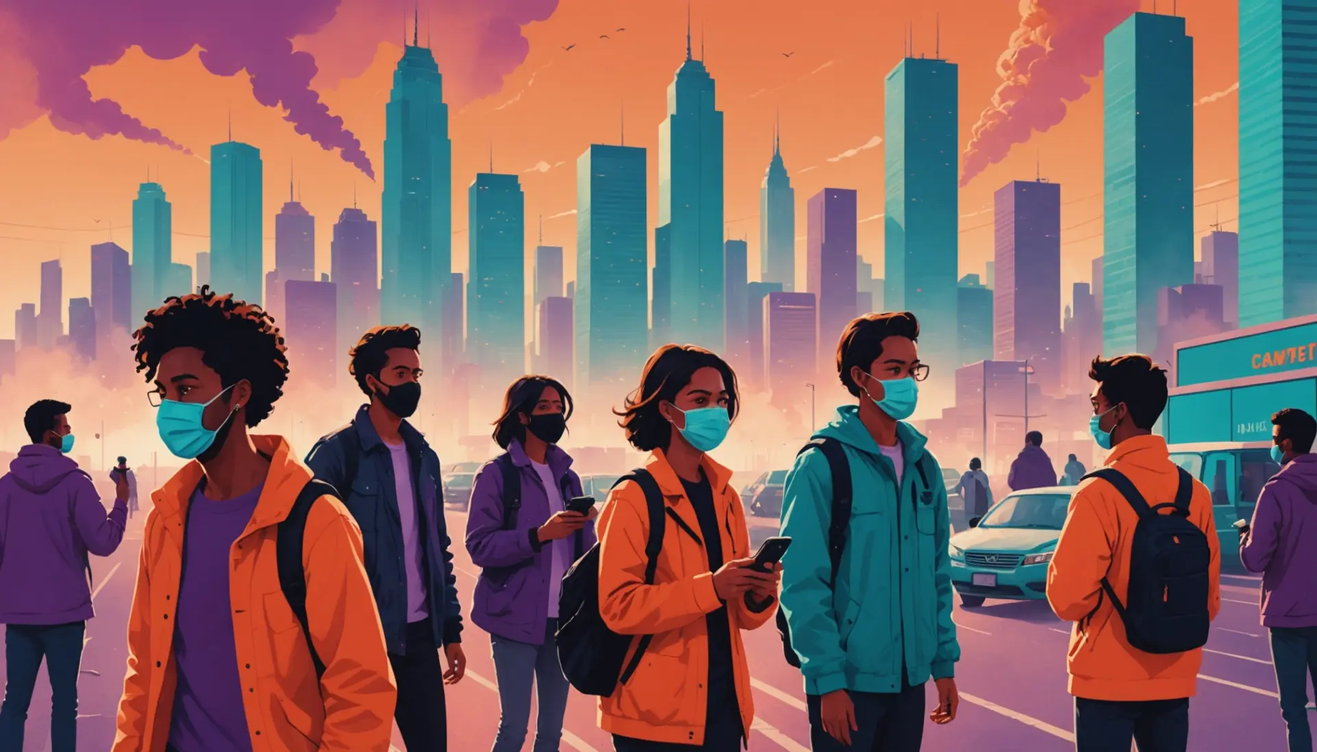 Illustration showing a city under hazardous conditions with hazy skies, caption concept for what does hazardous air quality mean
