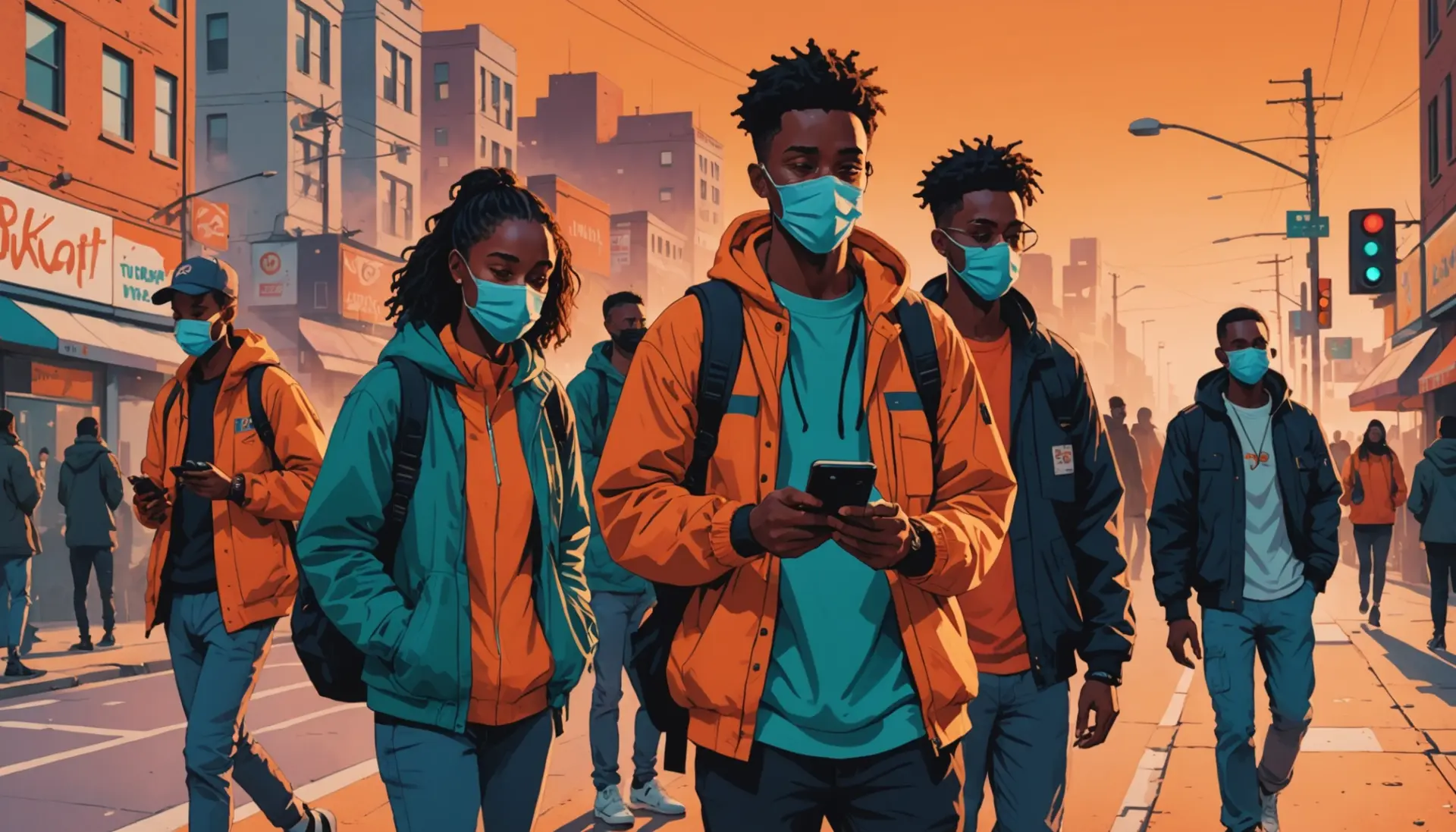 Editorial illustration showing people checking their phones and masks with the phrase what does unhealthy air quality mean implied