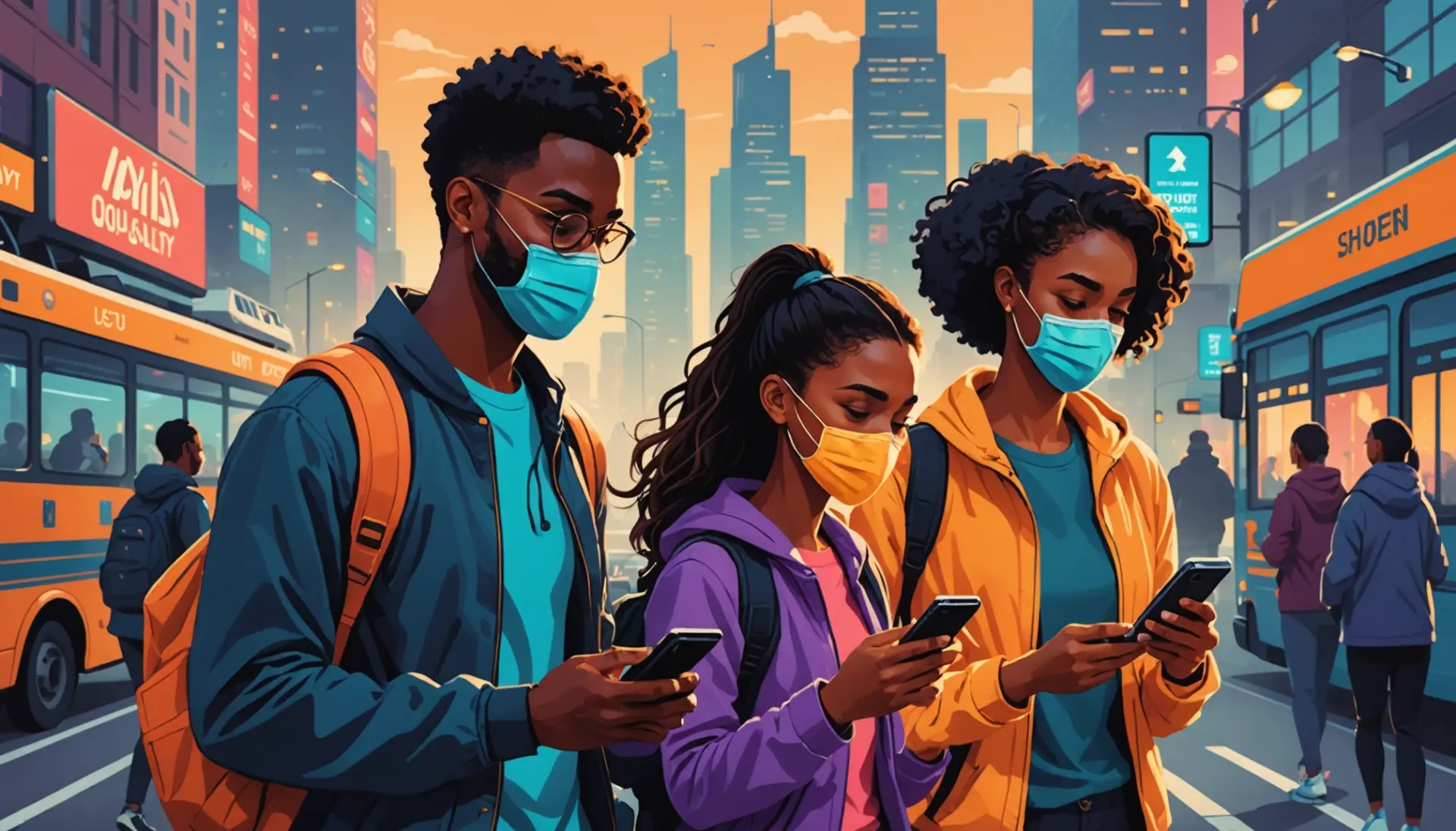 Illustration showing 'what does air quality alert mean' concept with people checking an app during smoky air