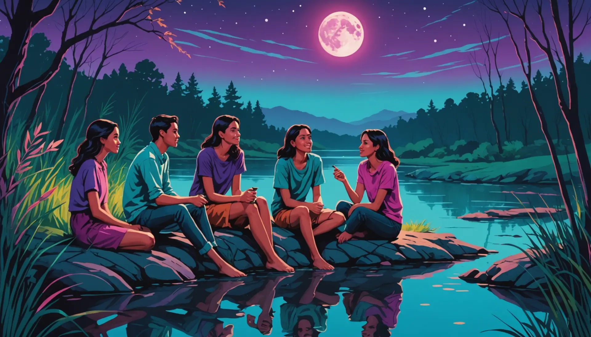 Editorial illustration of people whispering by a creek with text bubble vibes, quiet on the creek urban dictionary