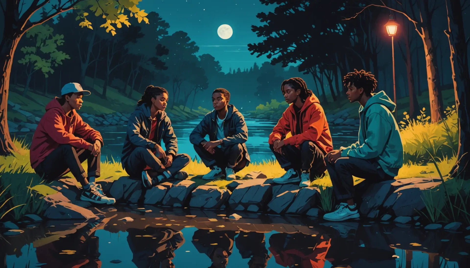 Editorial illustration showing friends by a moonlit creek, representing quiet on the creek meaning urban dictionary