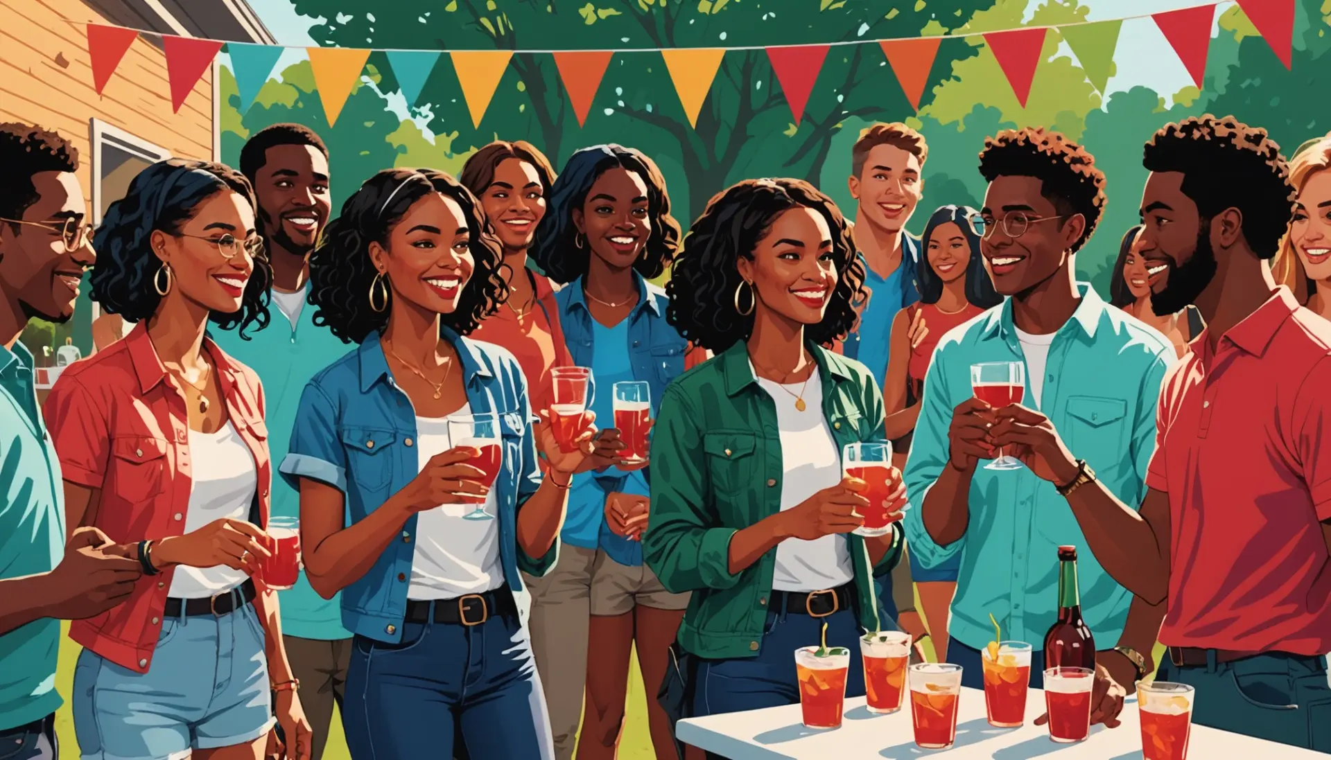 Editorial illustration of people sharing slang for alcohol words at a party
