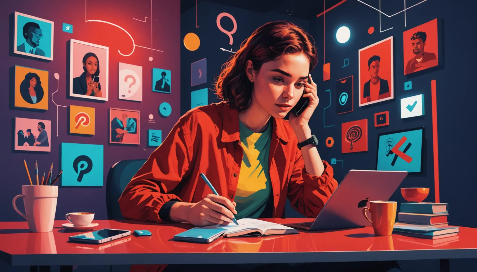 Editorial illustration showing someone leaning in with a flashlight, caption style composition referencing what does probing mean