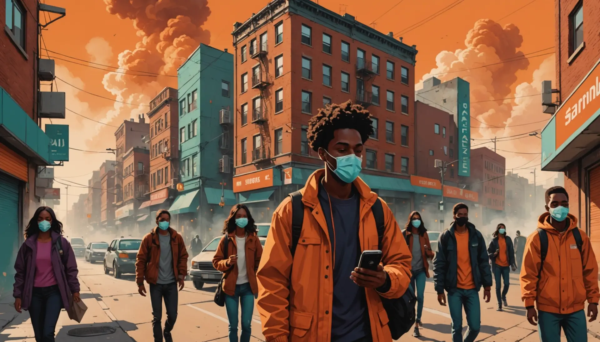 Illustration showing a city under smoky orange sky with the phrase what does 500 air quality mean implied by visuals