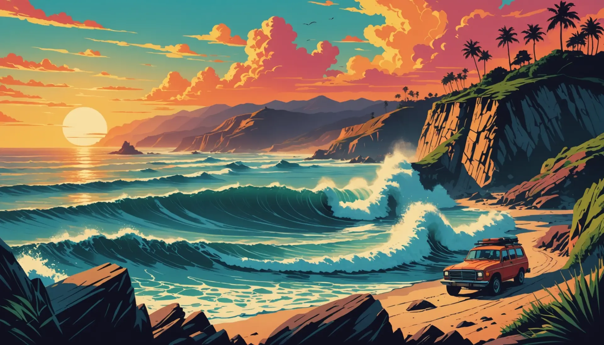 Editorial illustration showing surfers at a point break, caption idea for what does point break mean