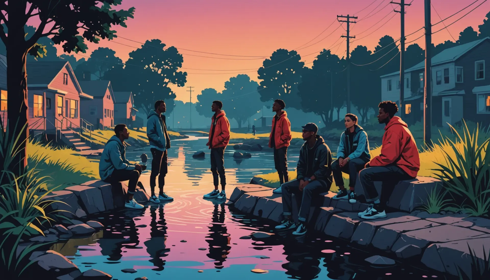 Editorial illustration of friends by a creek discussing what is the creek slang