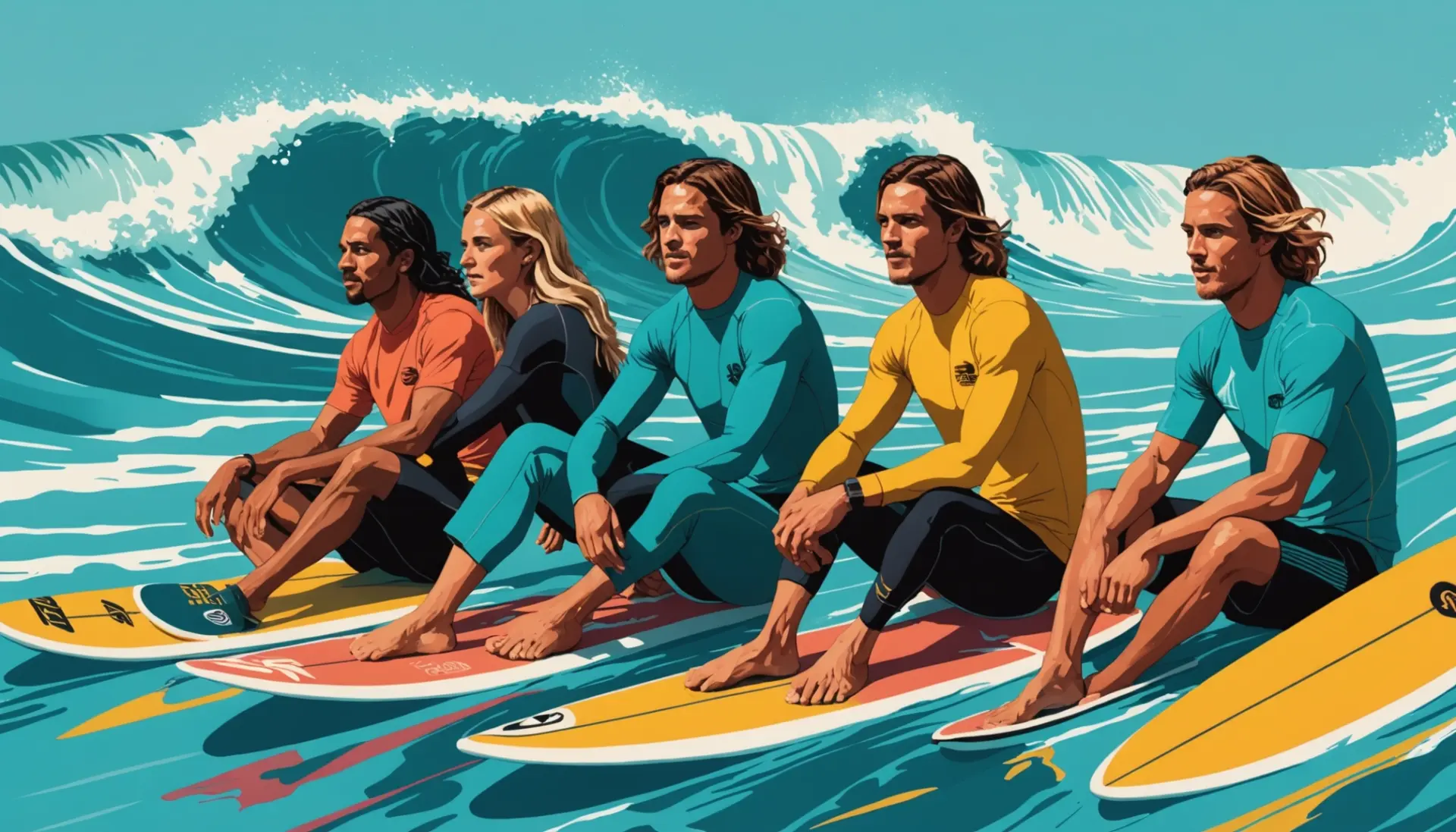 Editorial illustration showing surfers using surfing terms slang while waiting in the lineup