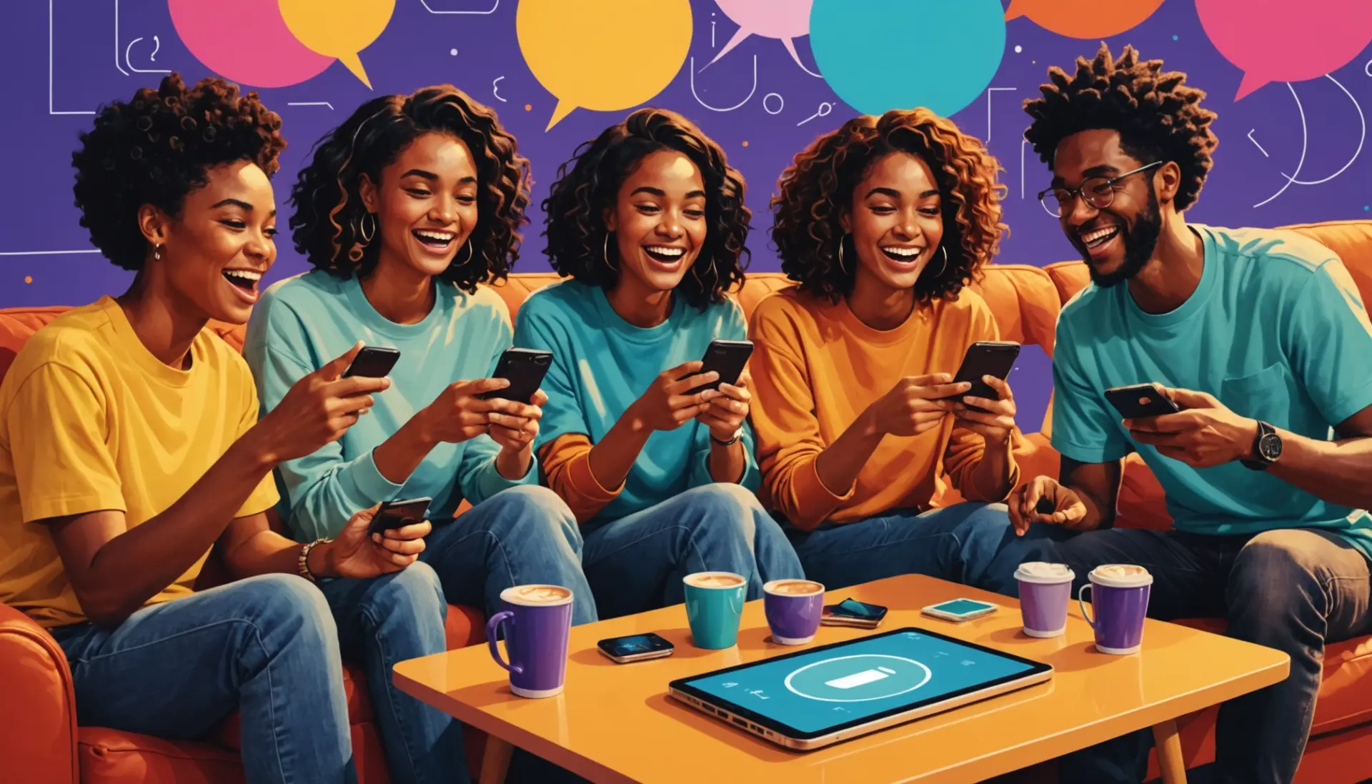 Editorial illustration showing friends using a phone and discussing gc meaning slang in a group chat