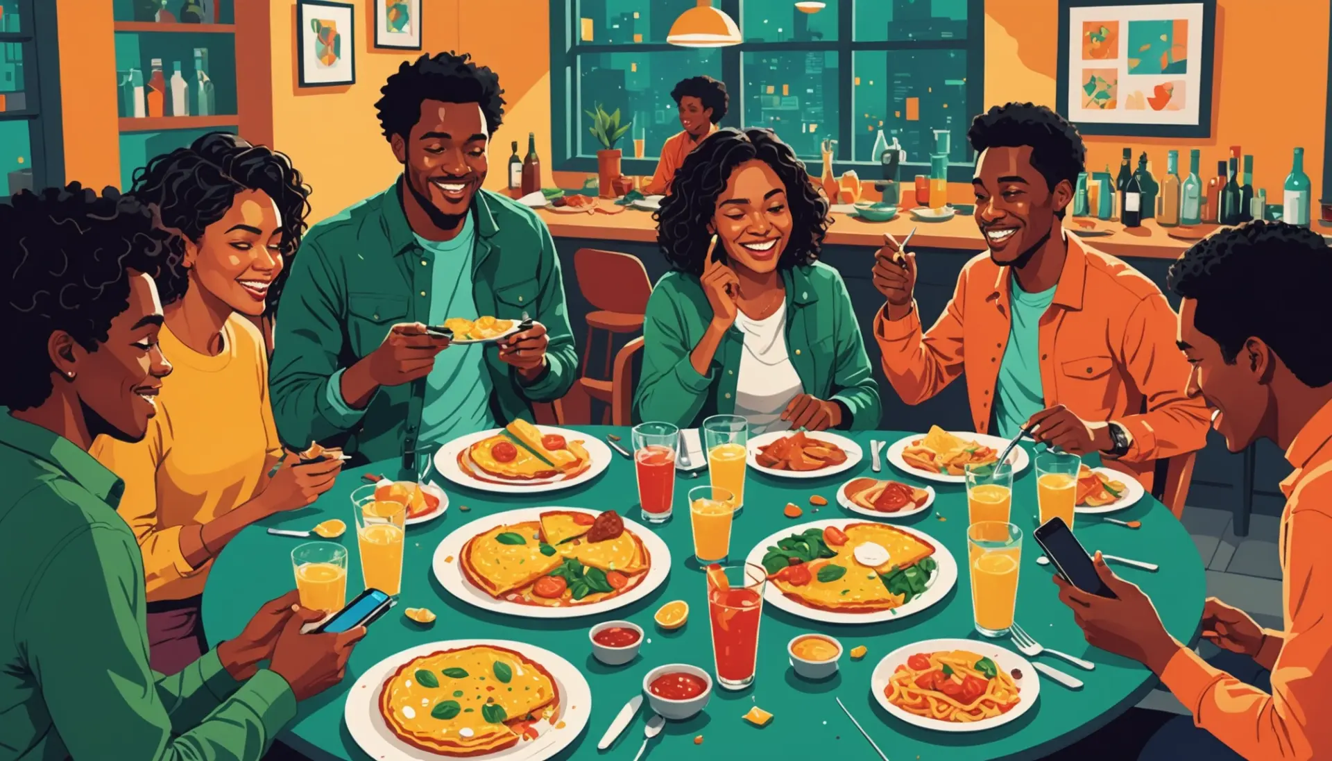 Editorial illustration showing a chaotic brunch scene labeled irish omelette urban dictionary vibe