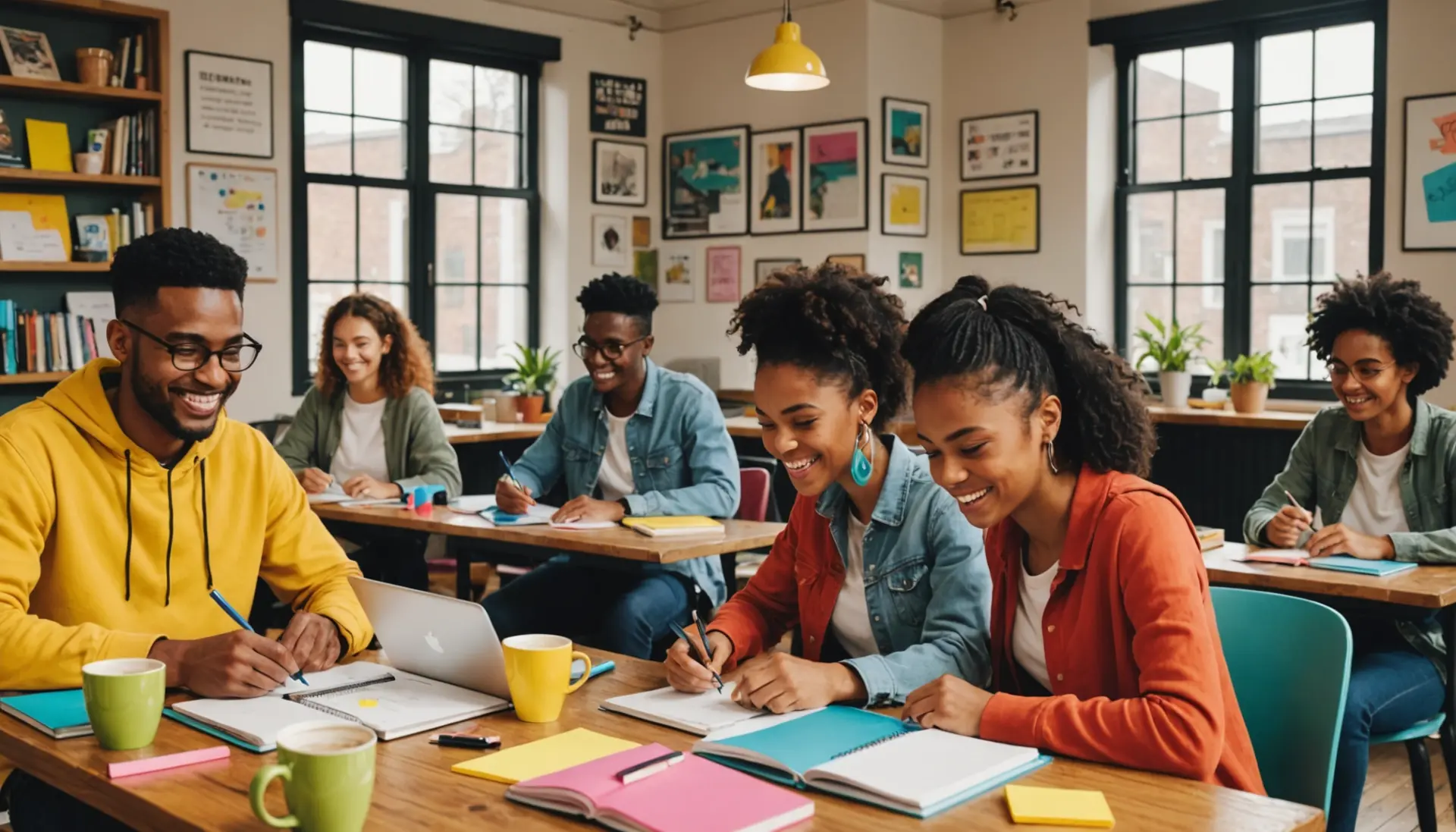 Editorial illustration showing students studying with notebooks and highlighters, caption idea related to swot meaning slang