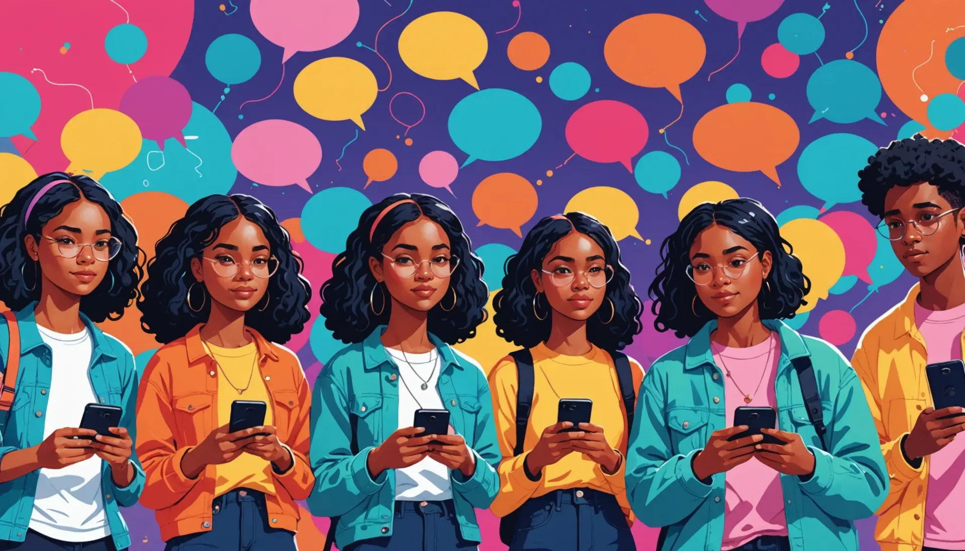 Editorial illustration of people around phones showing a text thread