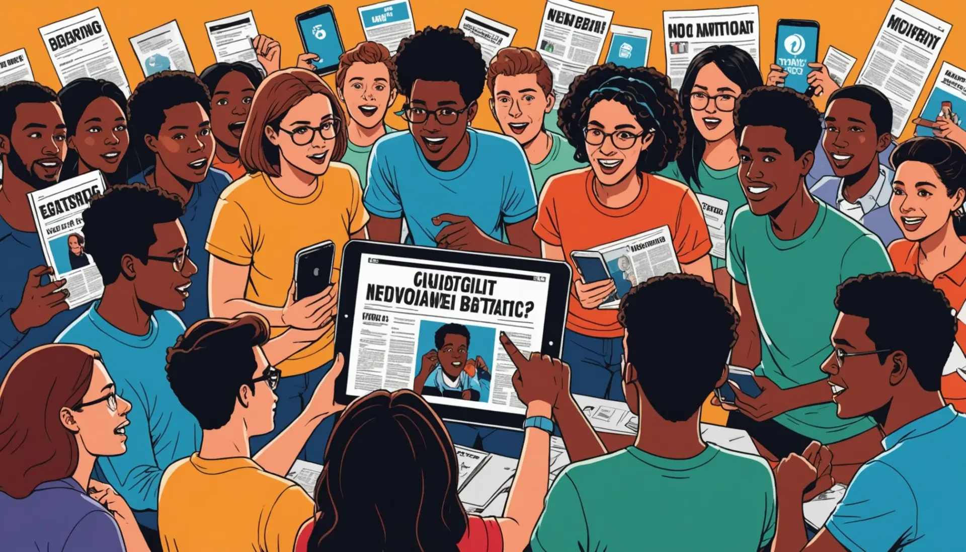 Editorial illustration showing people reacting to satire, with the phrase what does satire mean implied in scene