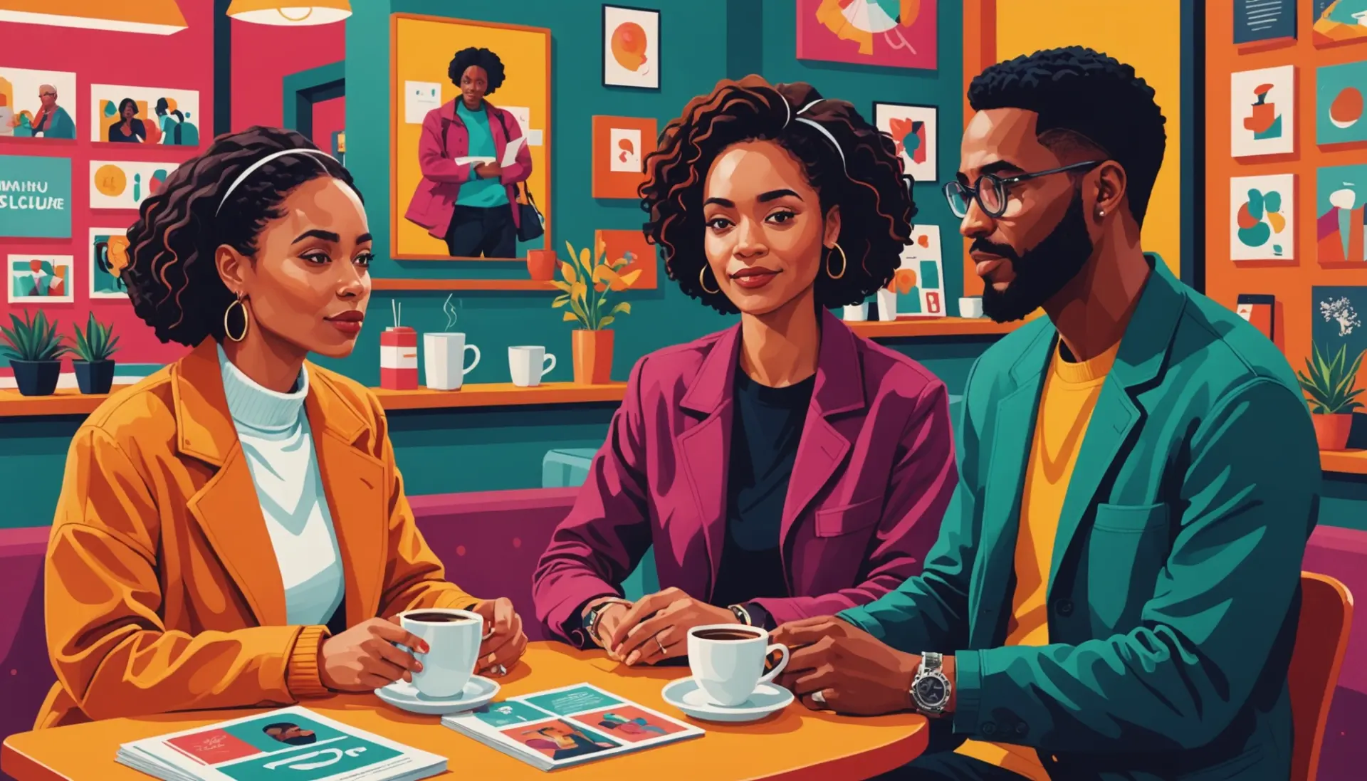 Editorial illustration showing people discussing what does remission mean in cancer in a supportive setting