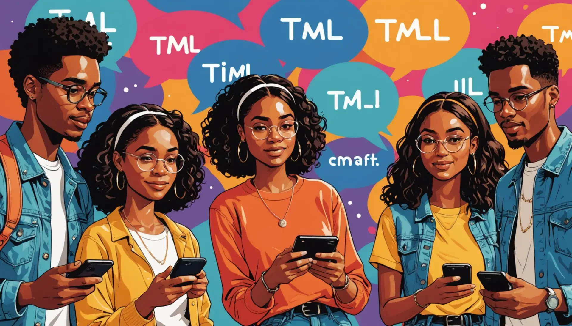 Editorial illustration showing people texting 'what does tml mean in text' on colorful phones