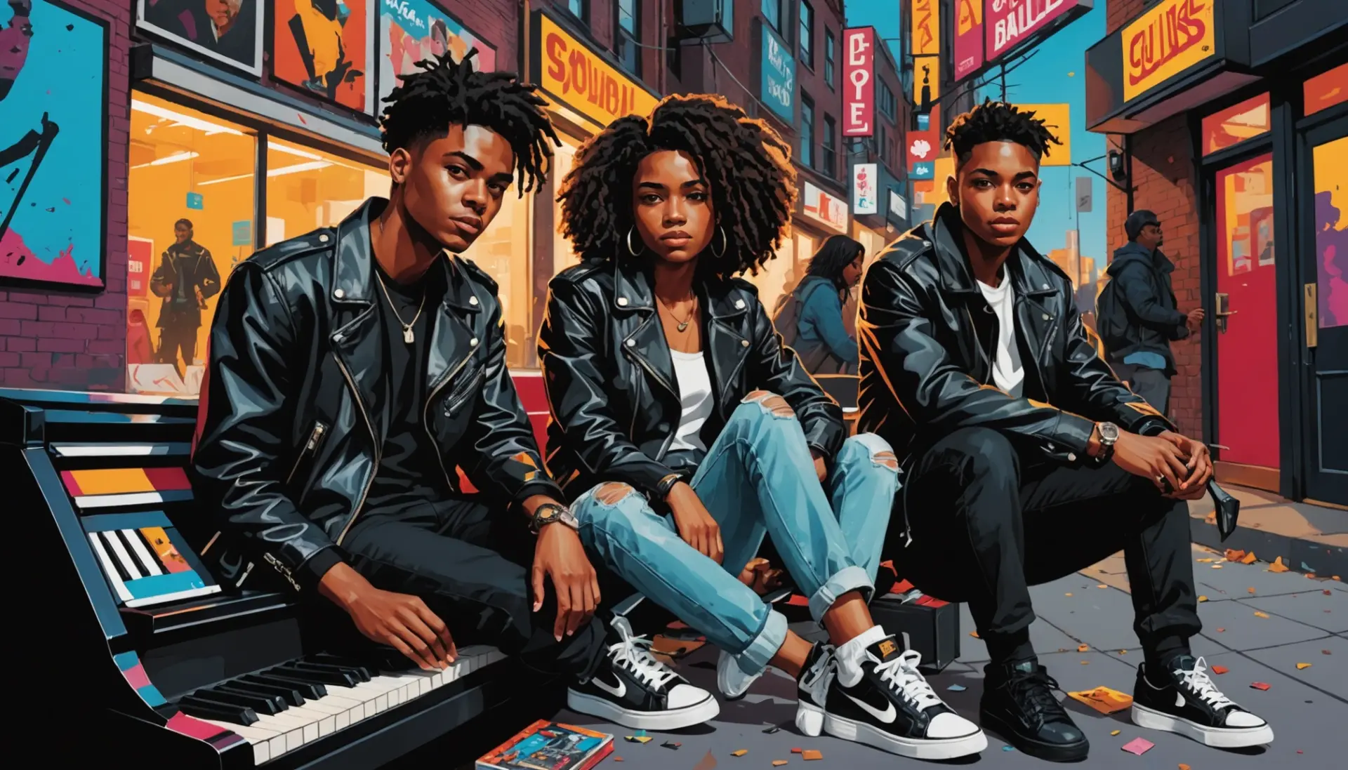 Editorial illustration of urban figures and objects in deep black tones, representing what does ebony mean in slang