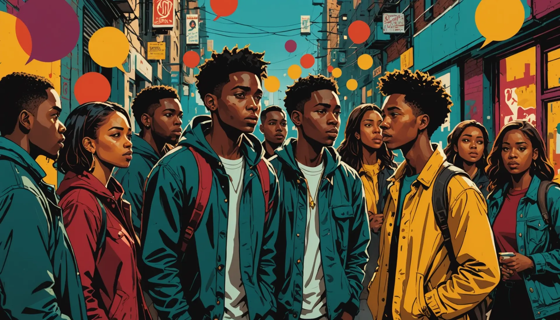Editorial illustration representing the phrase what is a spook racial slang with abstract figures and tense street scene