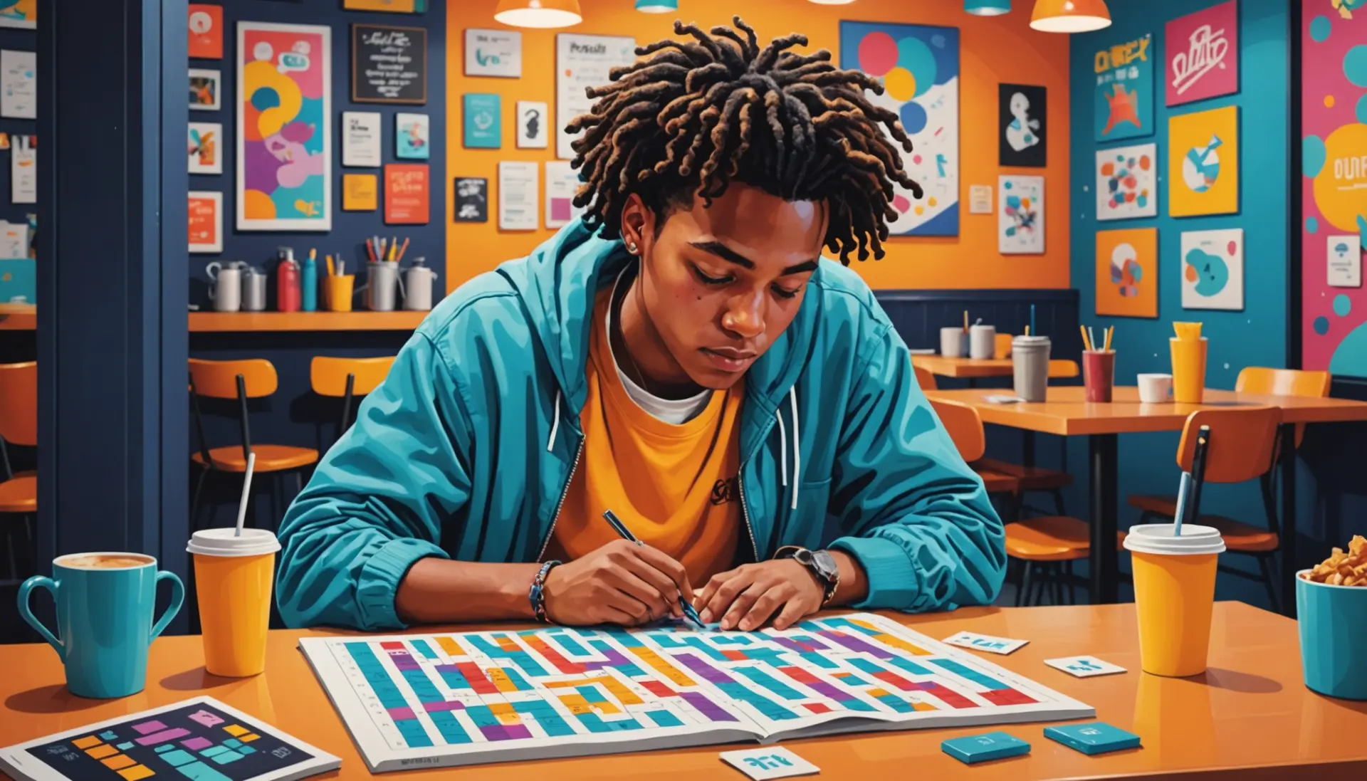 Editorial illustration showing a solver pondering the phrase amazing in slang crossword clue